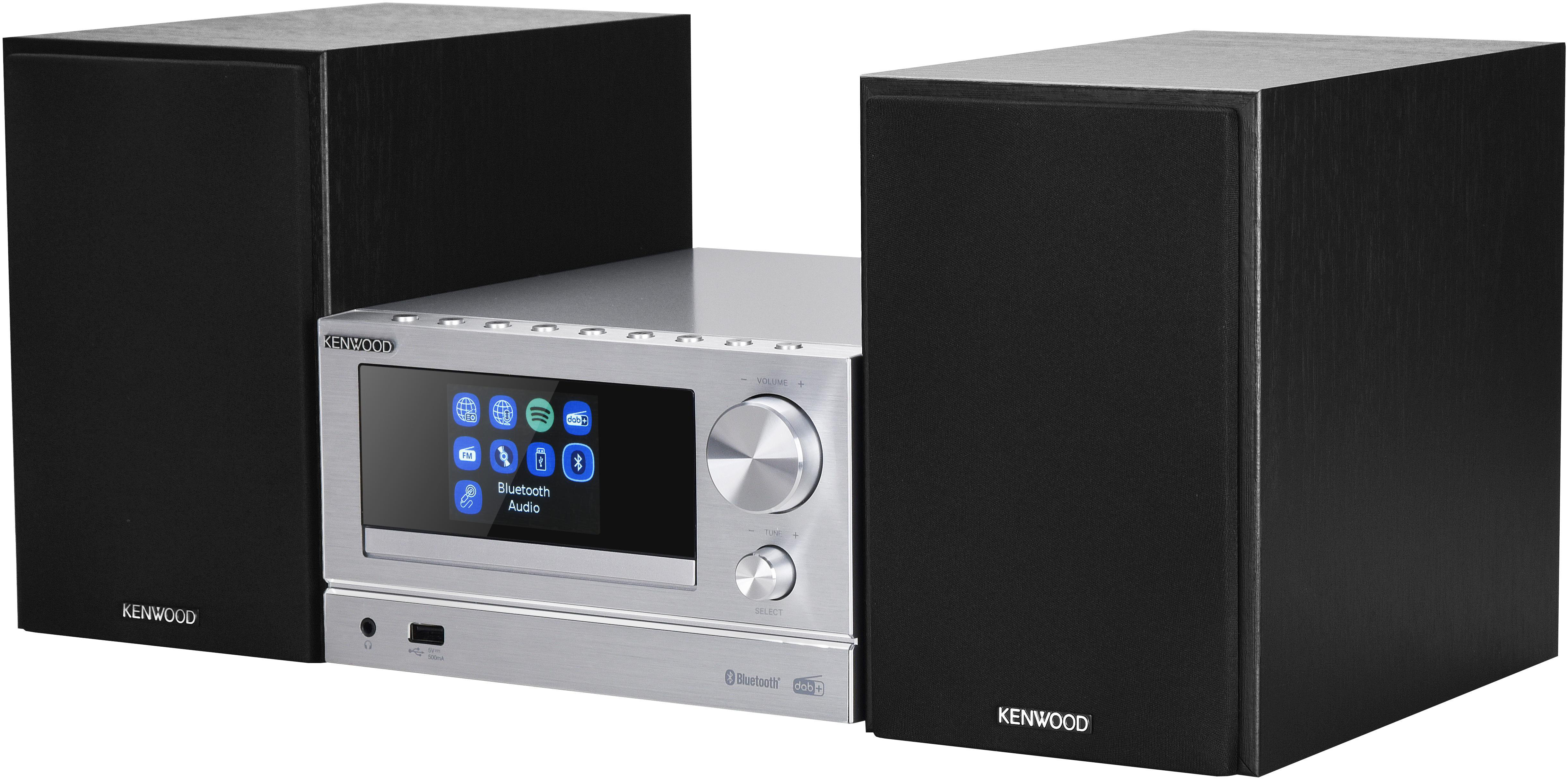 Silbernes Stereo-System mit zwei schwarzen Lautsprechern, einem Bildschirm und einem Lautstärkeregler.