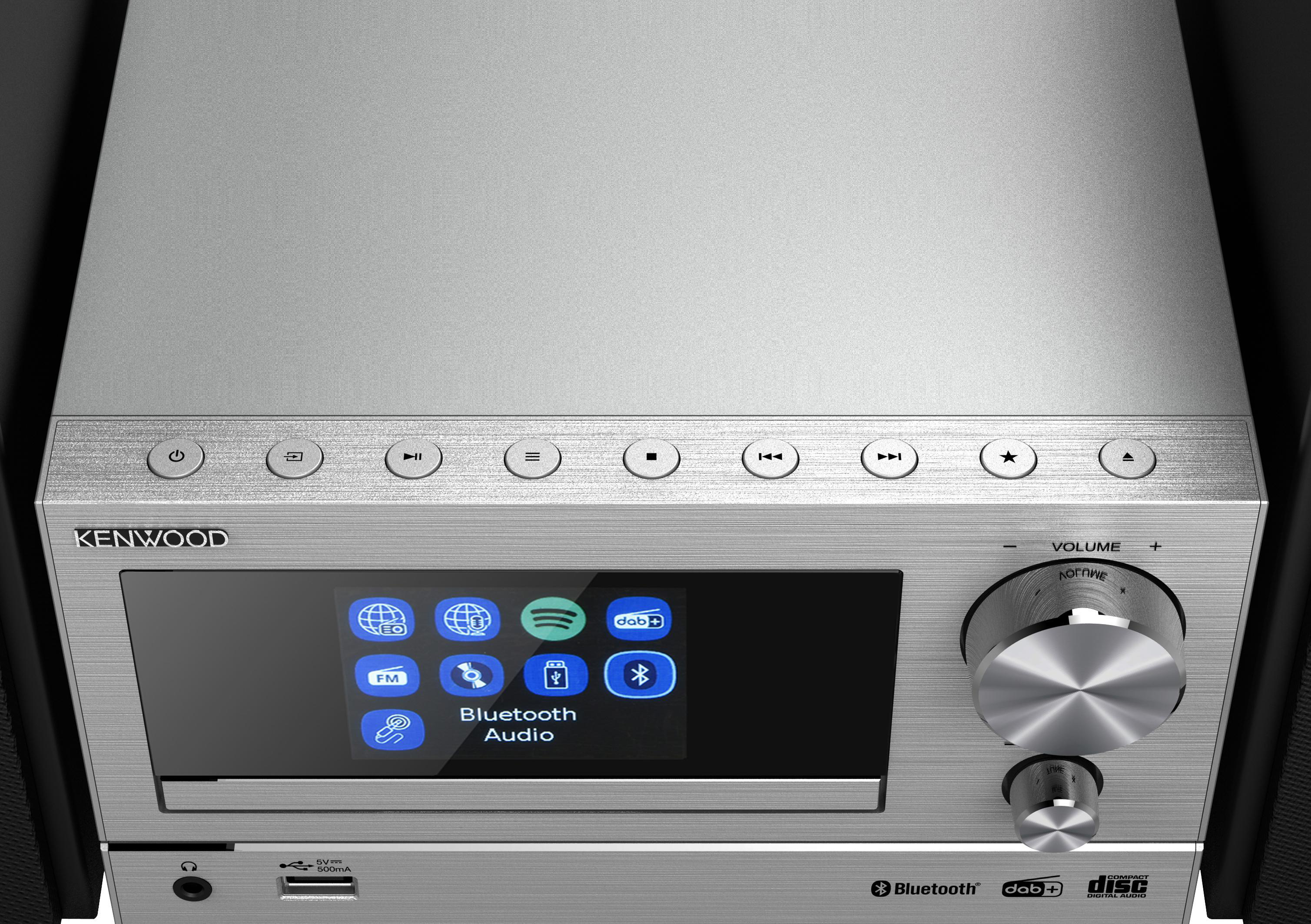 Ein Kenwood-Stereosystem mit Touchscreen-Display und Bedienelementen. Silberne Oberfläche mit schwarzen Akzenten.