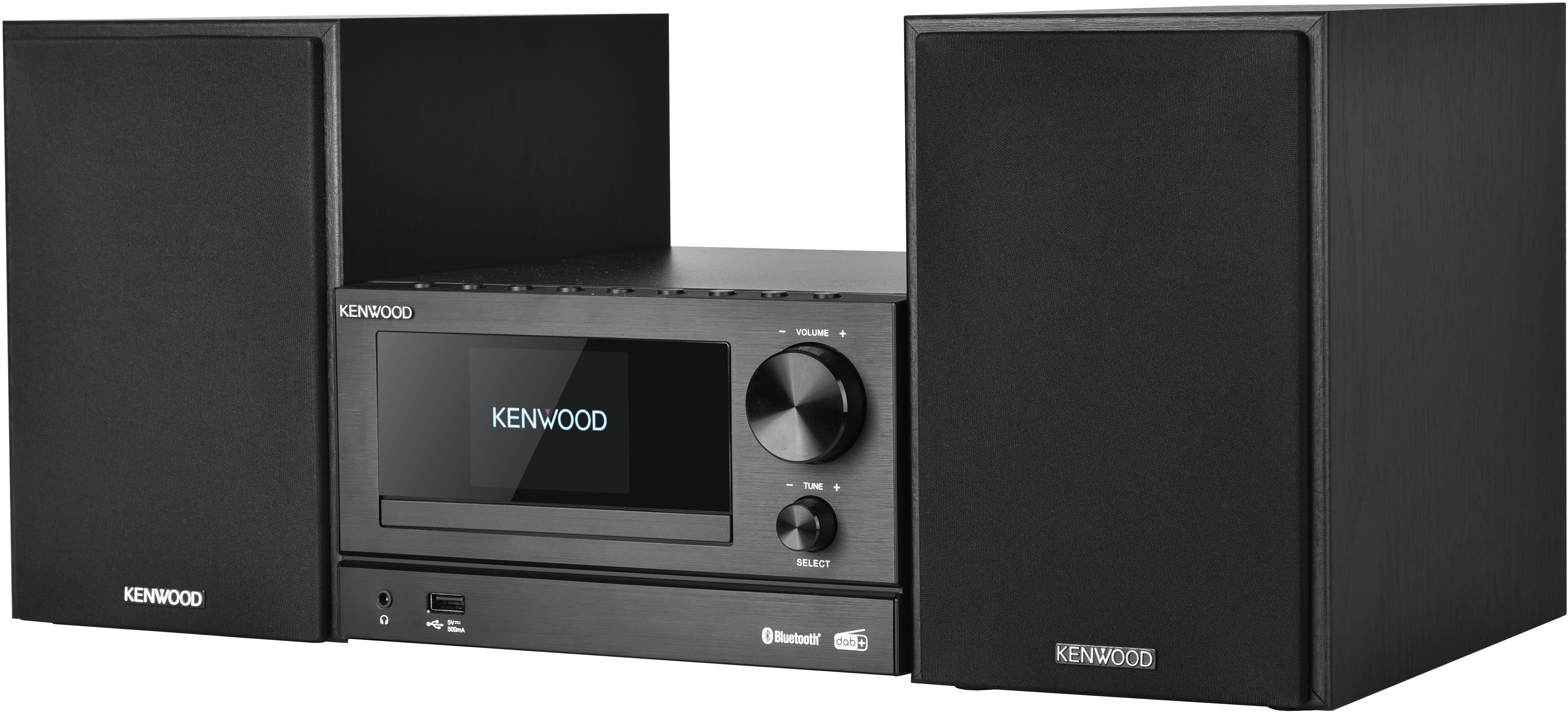 Ein Kenwood-Stereosystem. Es hat zwei schwarze Lautsprecher und eine Zentraleinheit mit Bildschirm und Bedienelementen. Bluetooth und USB werden unterstützt.