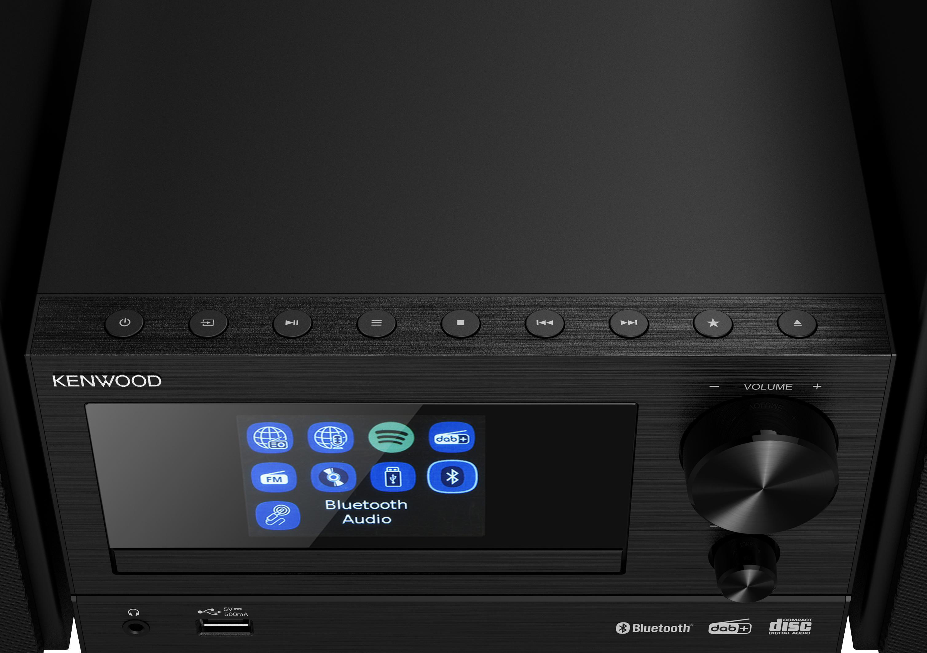 Schwarzes Kenwood-Stereosystem mit Display und Bedienelementen.