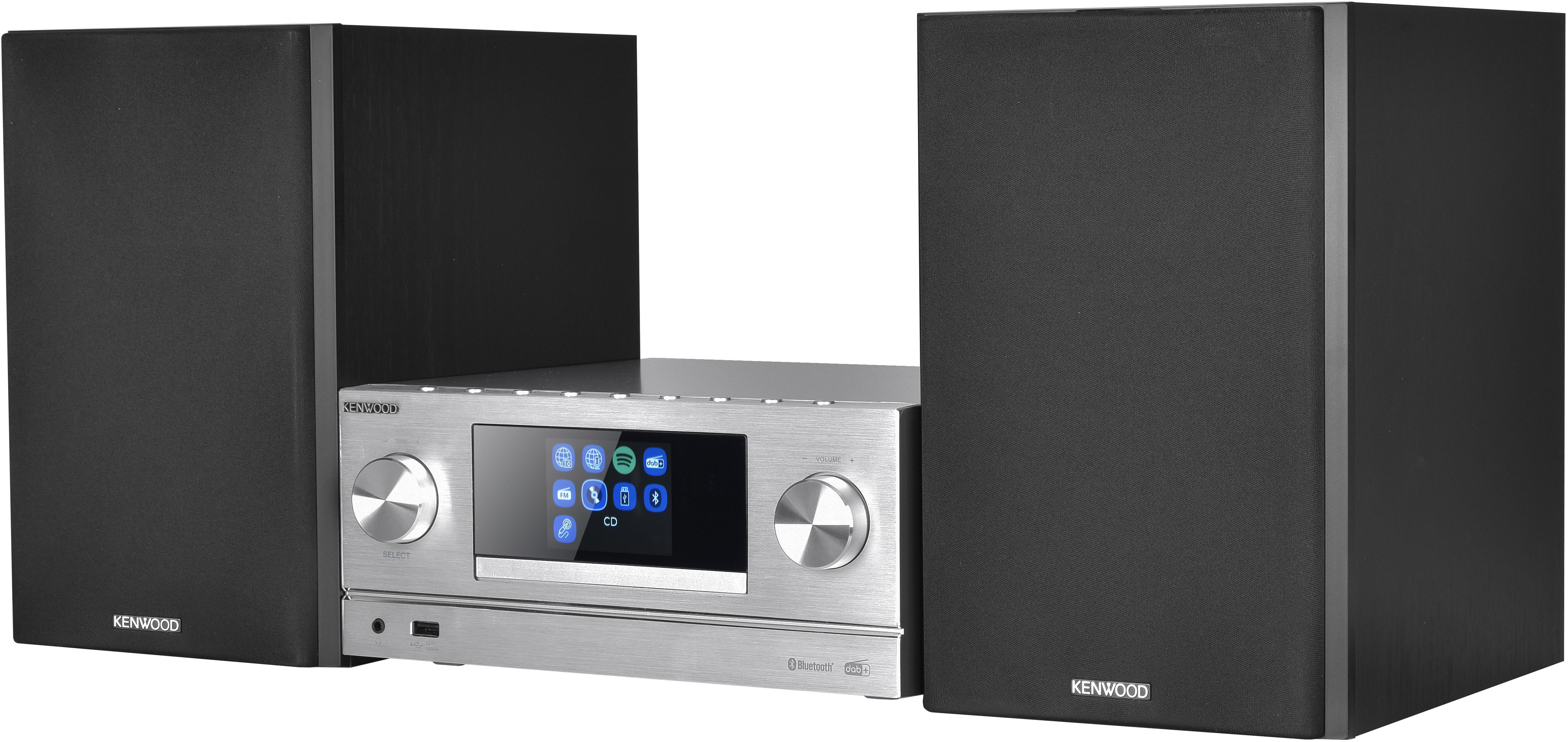 Ein silbernes Kenwood-Stereosystem mit zwei schwarzen Lautsprechern auf weißem Hintergrund.
