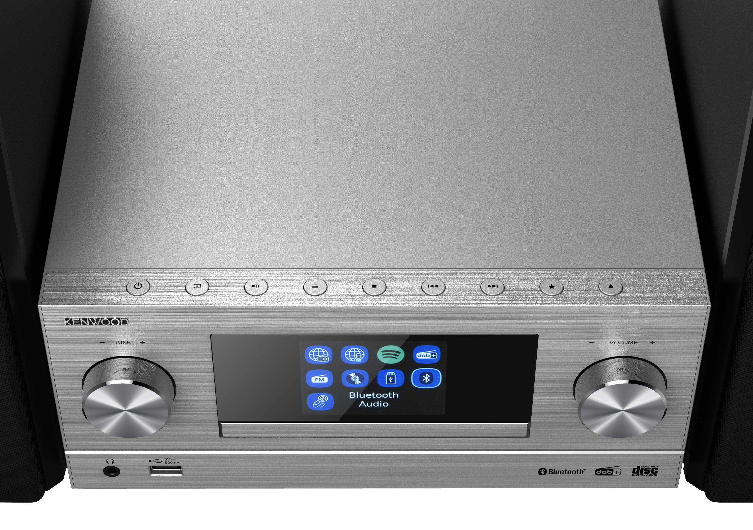 Silbernes Kenwood-Audiosystem mit Touchscreen, Tasten und Lautstärkereglern.