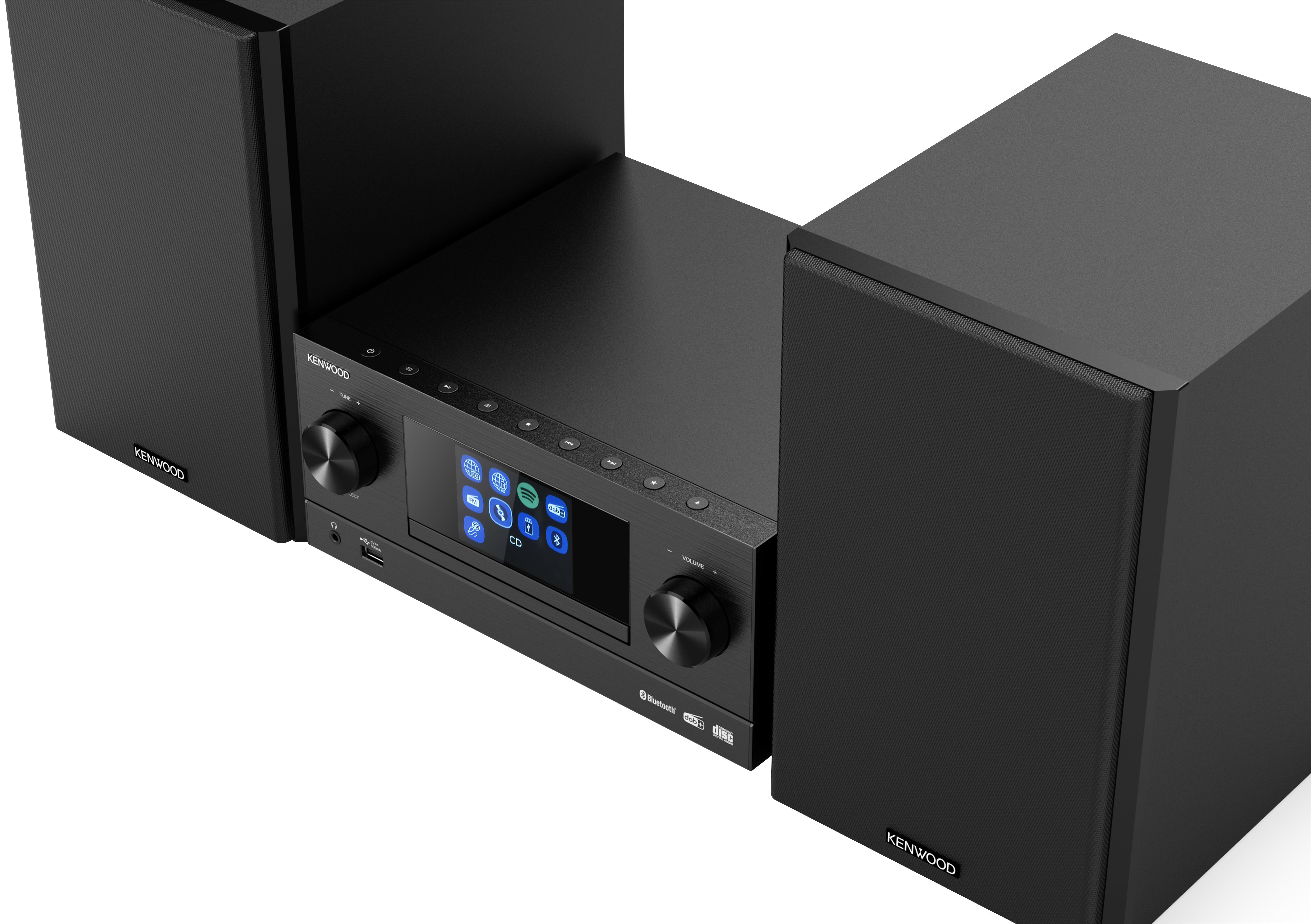 Schwarzes Stereo-System mit zwei schwarzen Lautsprechern und einem Bildschirm.