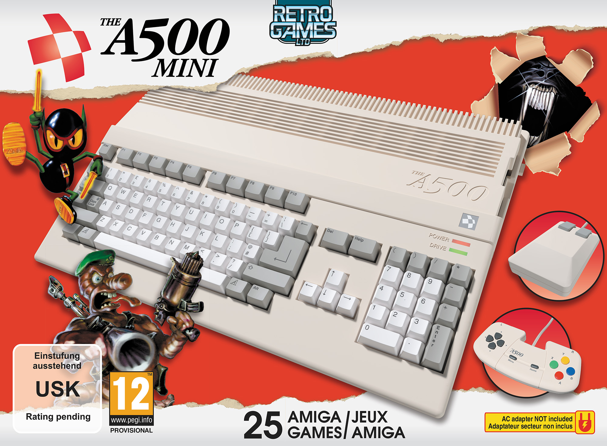 Die A500 Mini Box. Zeigt die A500 Mini Tastatur und weiteres Zubehör. Roter Hintergrund.
