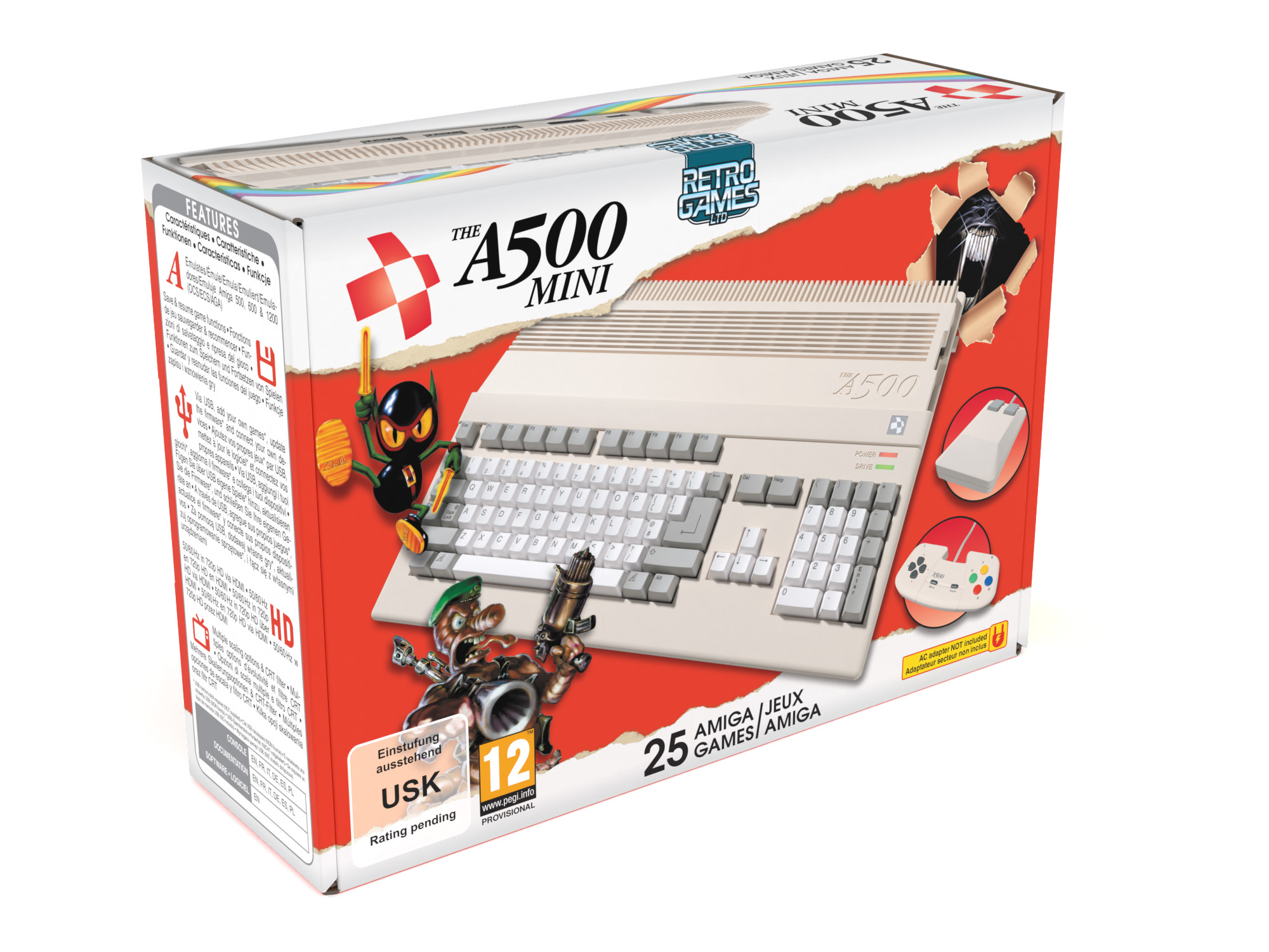 Retro-Spielkonsolenbox, mit dem A500 Mini. Grafiken zeigen eine Tastatur und einen Controller.