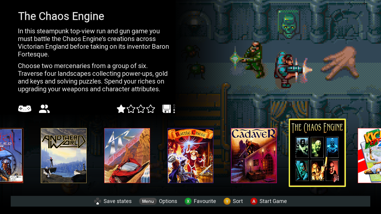 Spieloberfläche mit Spielauswahl. The Chaos Engine wird hervorgehoben. Andere Spielsymbole.