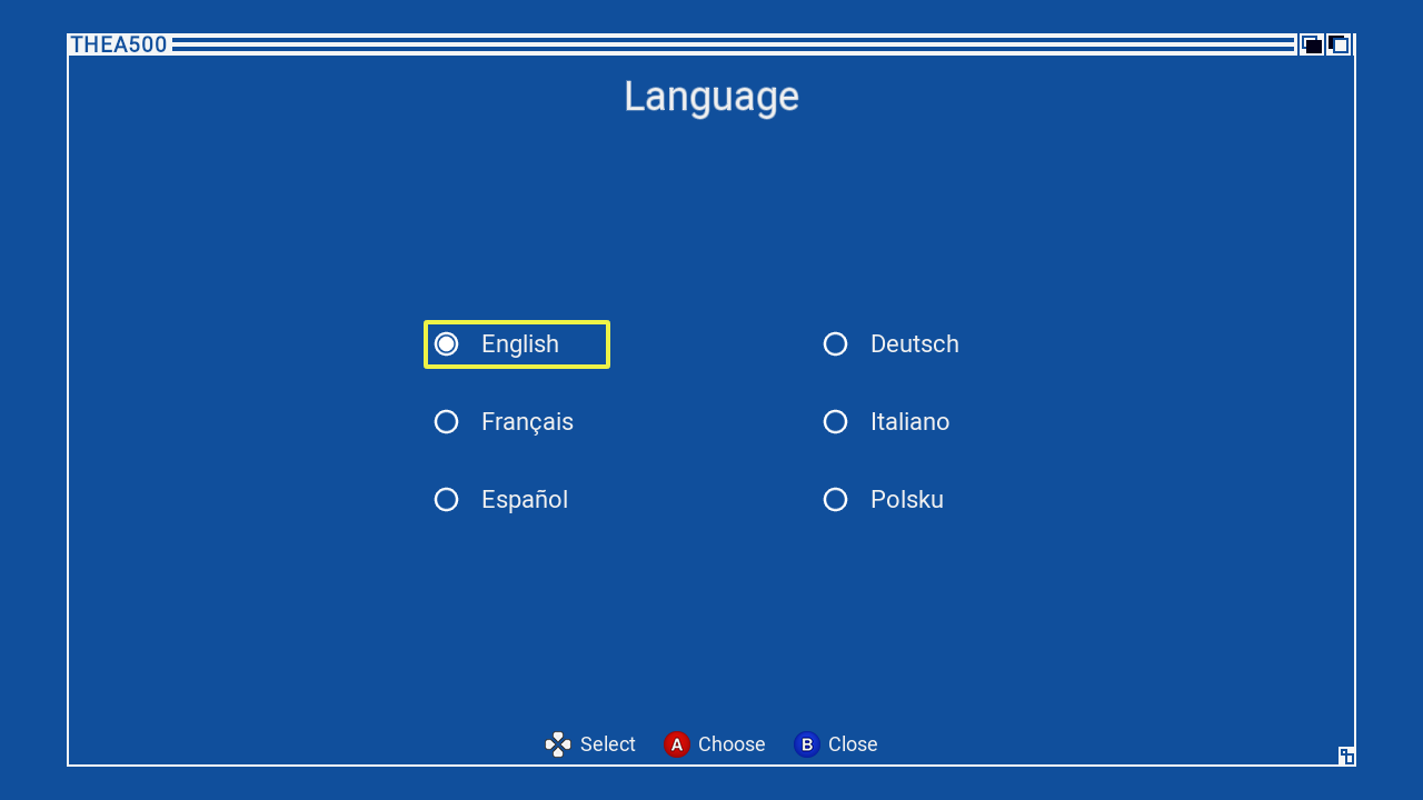 Blauer Bildschirm mit Sprachauswahl: Englisch, Deutsch, Französisch, Spanisch, Italienisch, Polnisch.