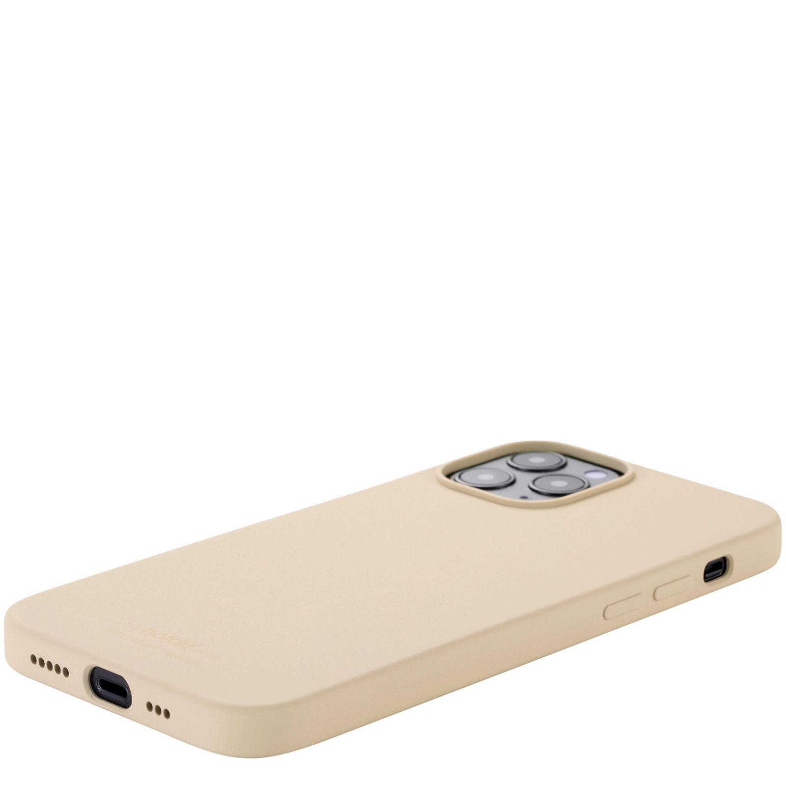 Beige Handyhülle auf weißem Hintergrund, Kamera und Tasten sichtbar.