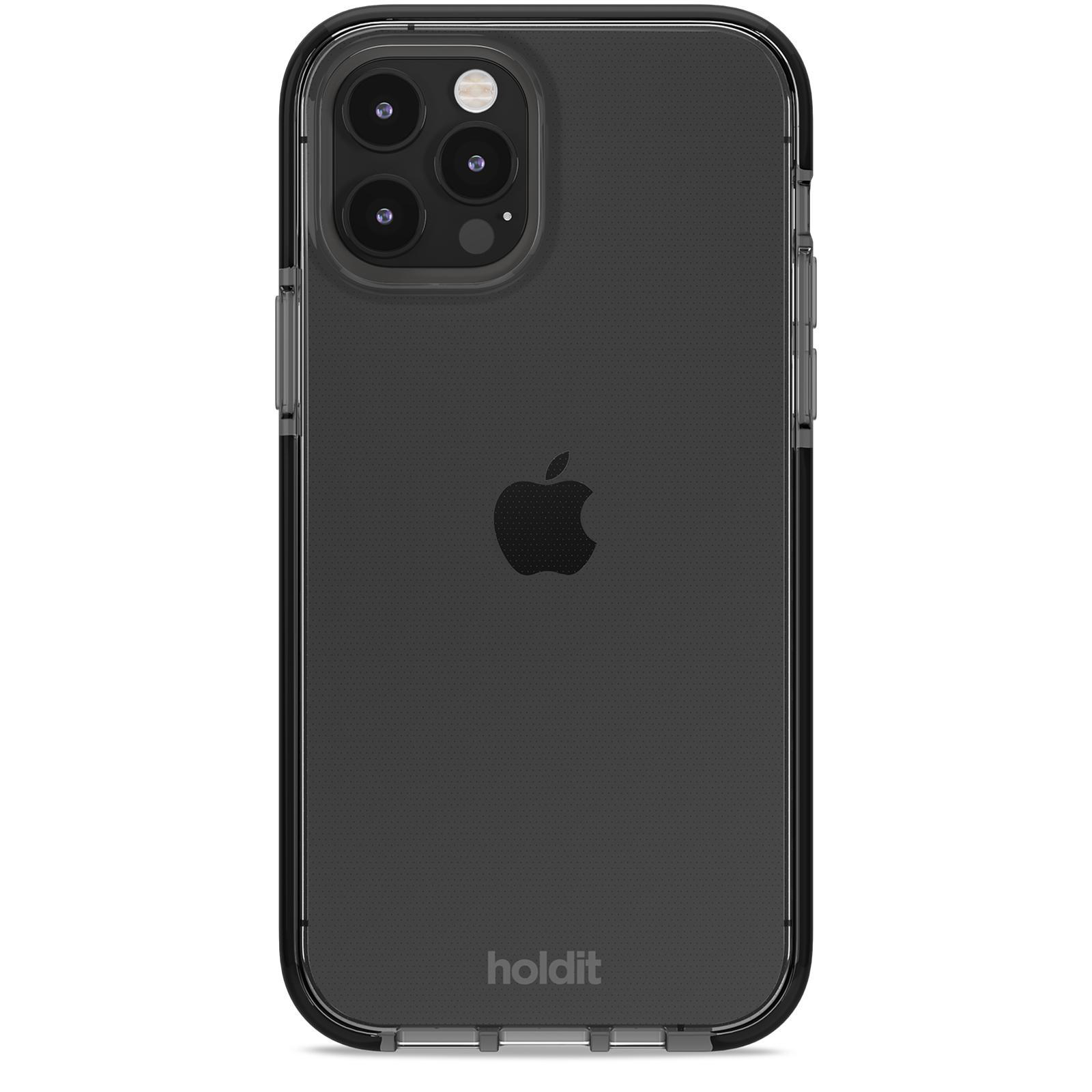 Eine schwarze iPhone-Hülle mit durchsichtigem Rücken, zeigt das Apple-Logo.