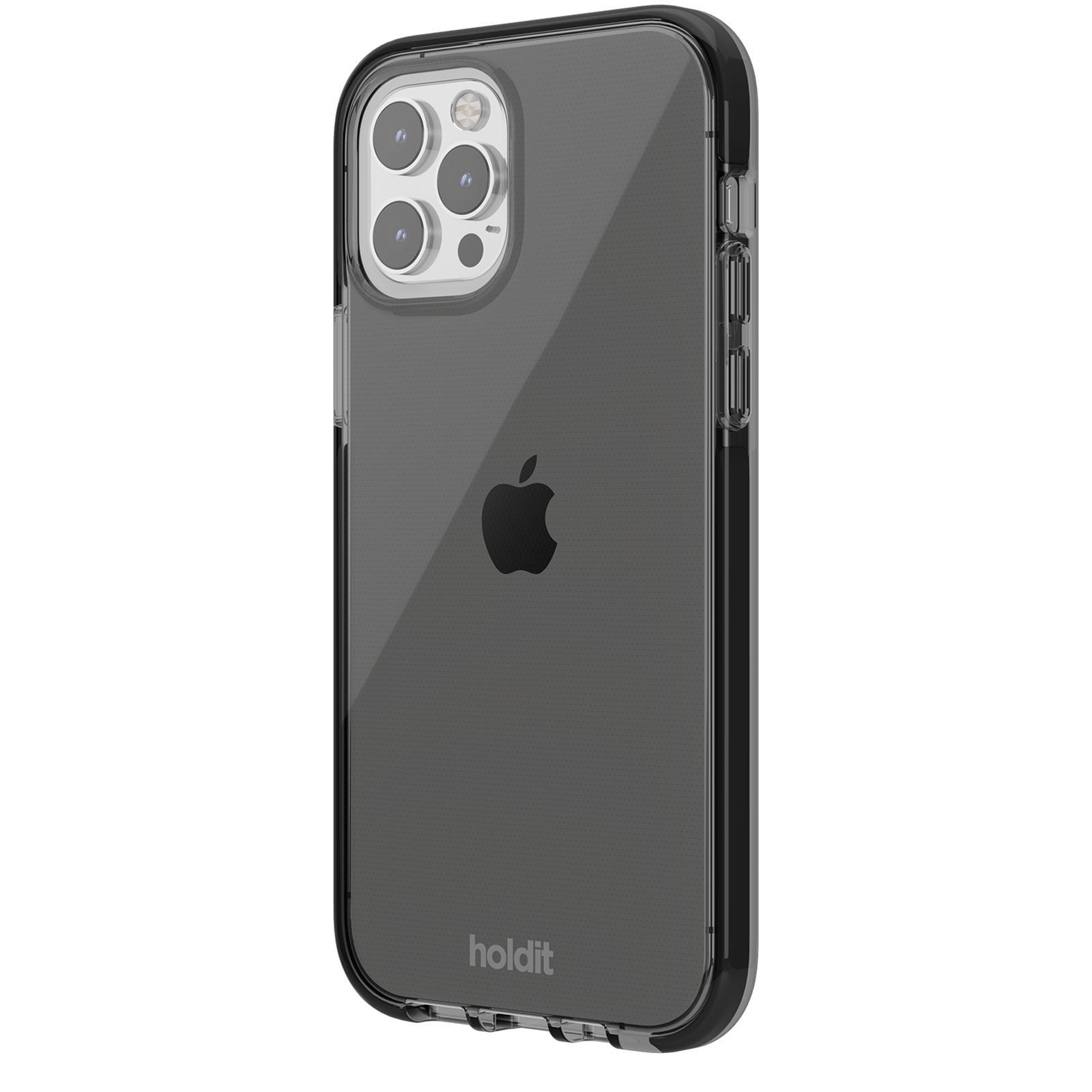 Ein iPhone in einer transparenten Hülle. Das Apple-Logo ist auf der Rückseite des Telefons sichtbar.