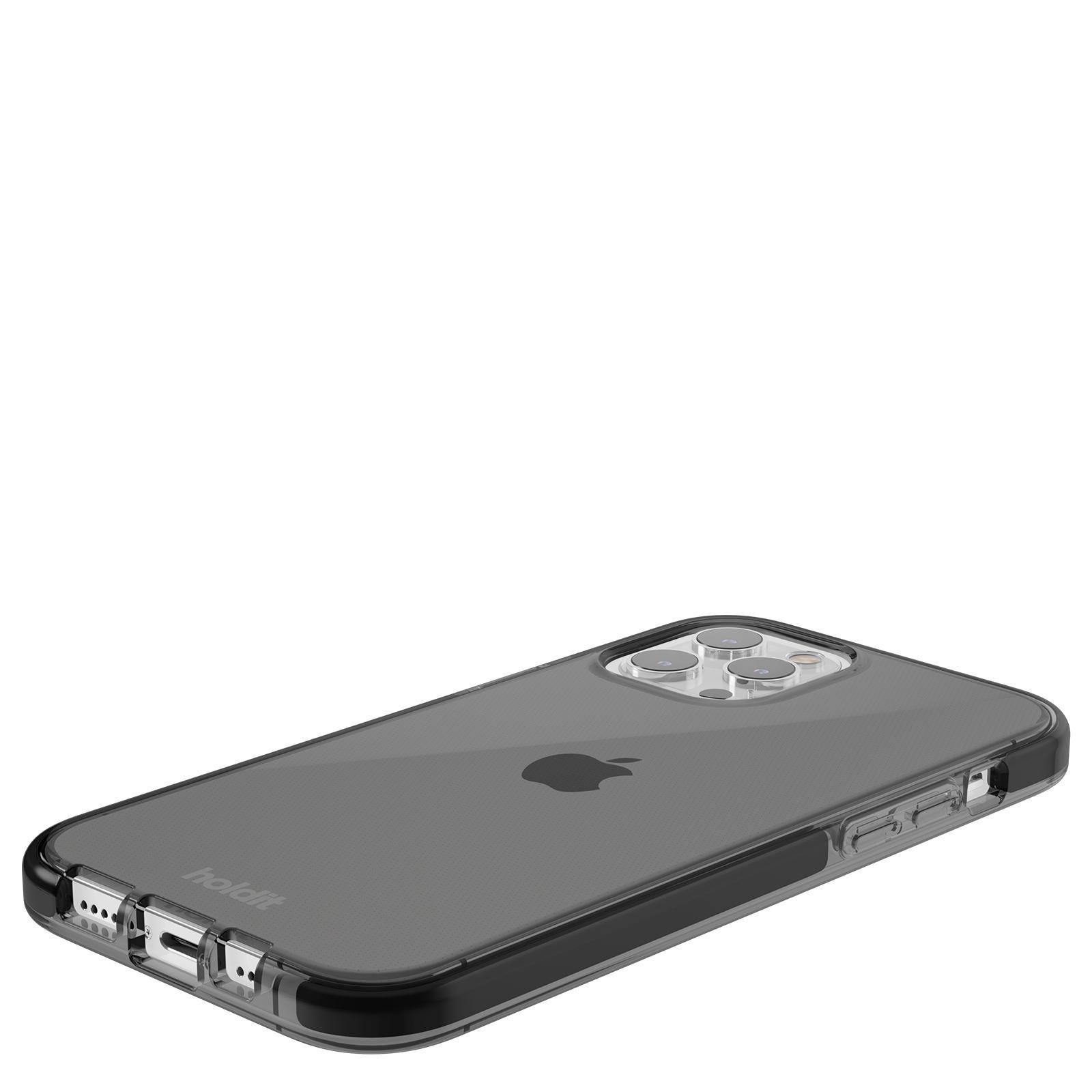 Transparente iPhone-Hülle auf Weiß. Die Hülle hat einen schwarzen Rahmen und ein Apple-Logo.