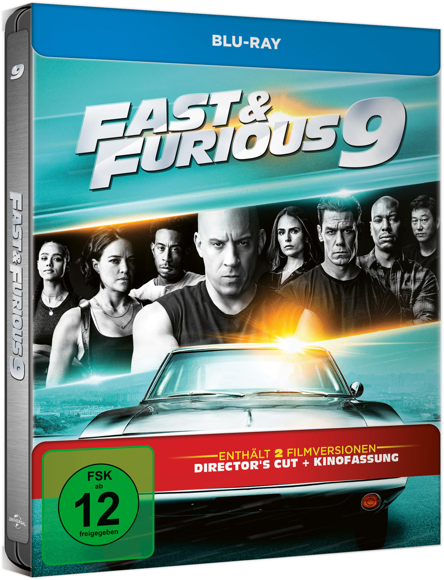 Fast & Furious 9 Blu-ray-Cover. Zeigt die Besetzung mit einem Auto und dem Titel.