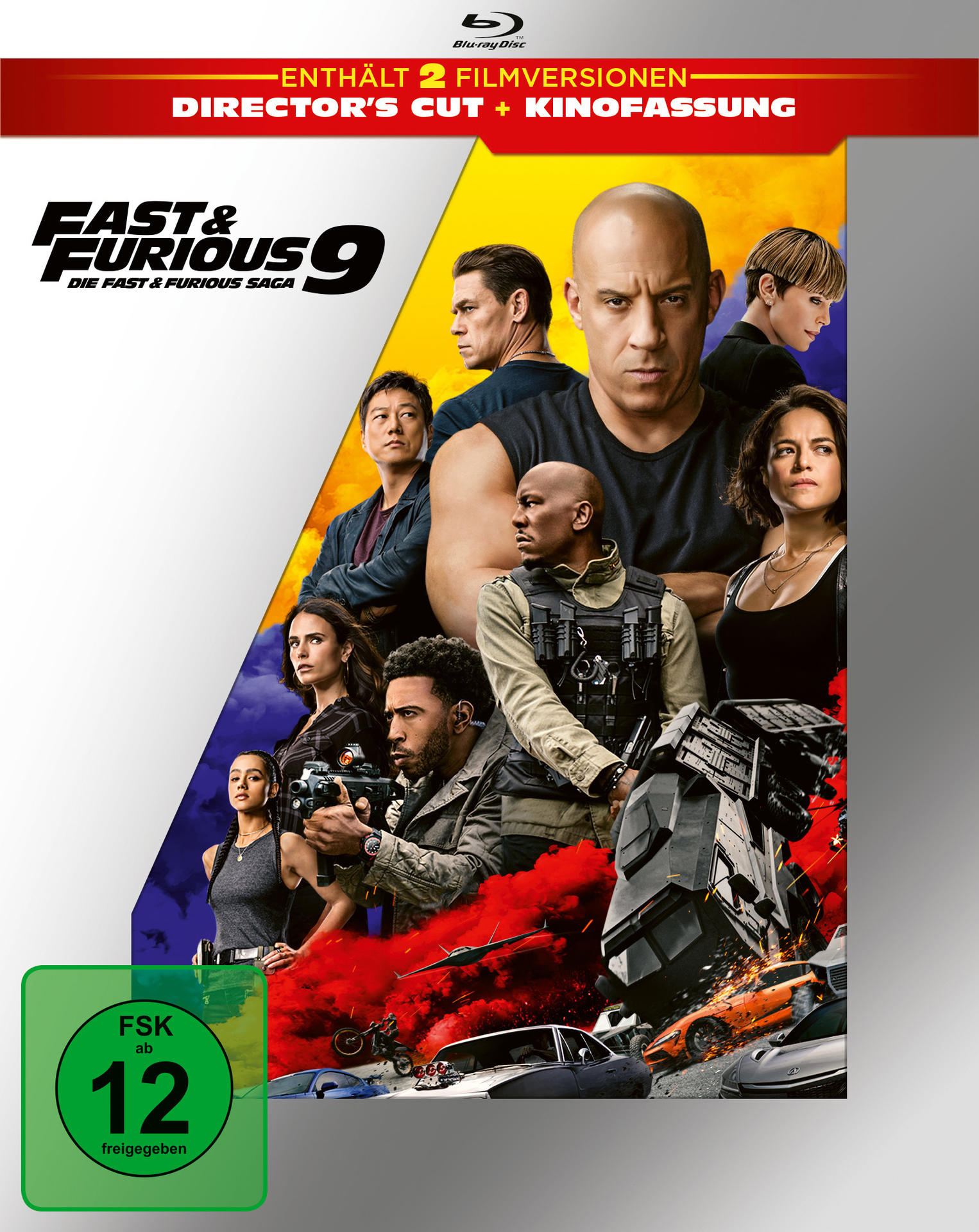 Fast & Furious 9 Filmplakat. Schauspieler, Autos und Actionszenen sind sichtbar. Enthält Filmtitel und Bewertung.