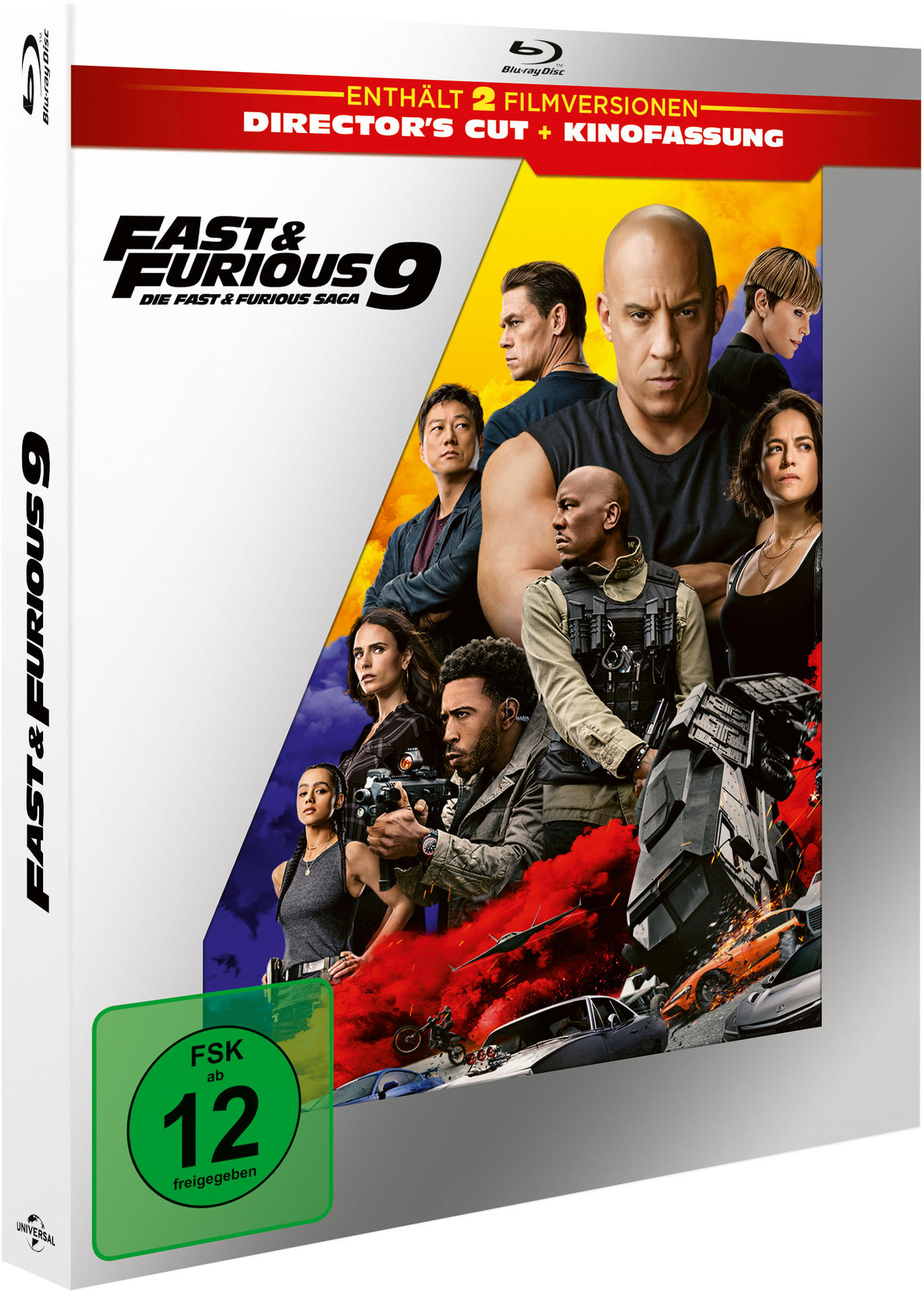 Fast & Furious 9 Blu-ray-Box mit Schauspielern und einem grünen Bewertungsetikett.
