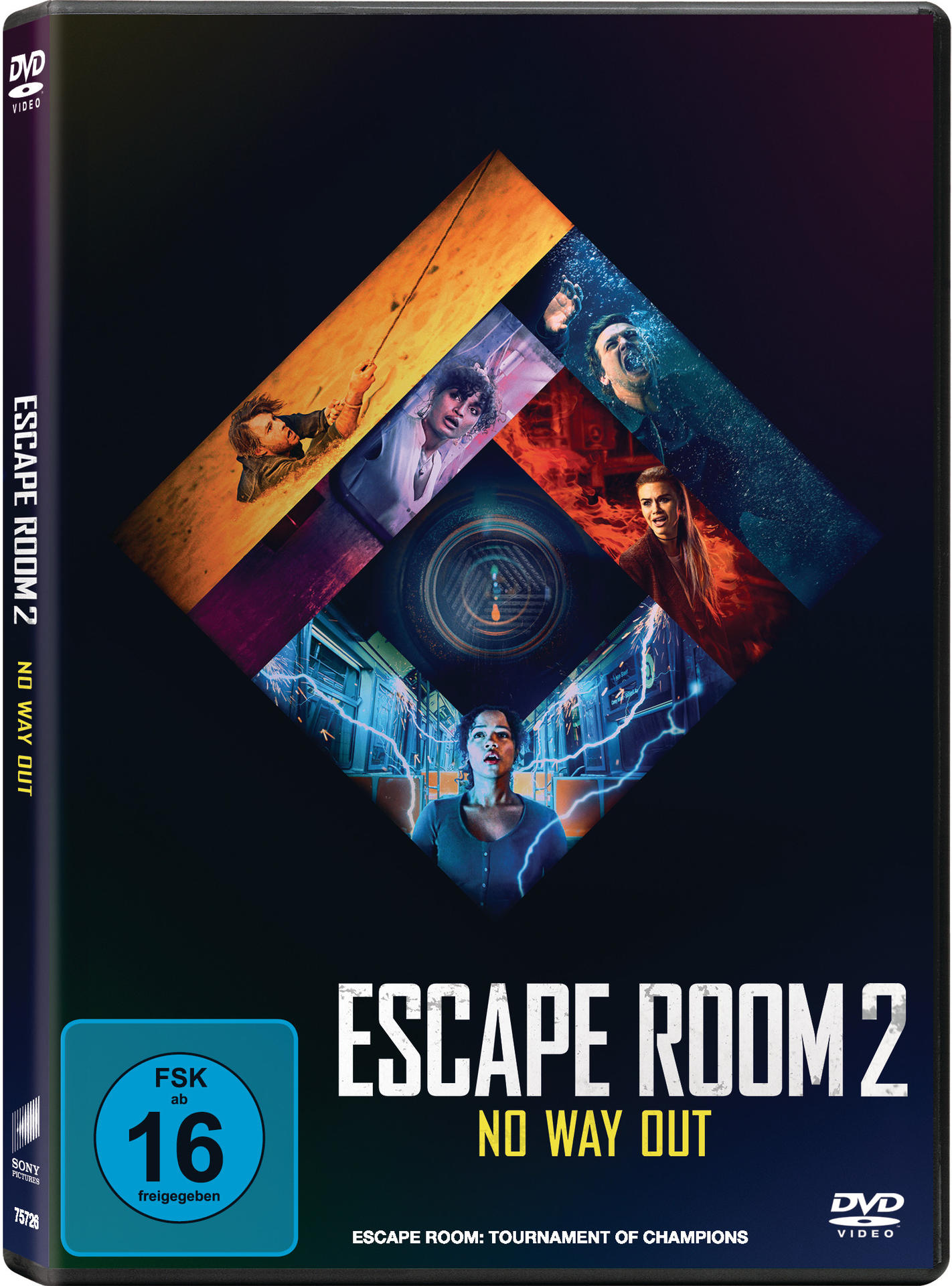 Escape Room 2 DVD-Cover mit Schauspielern und dem Titel auf dunklem Hintergrund.