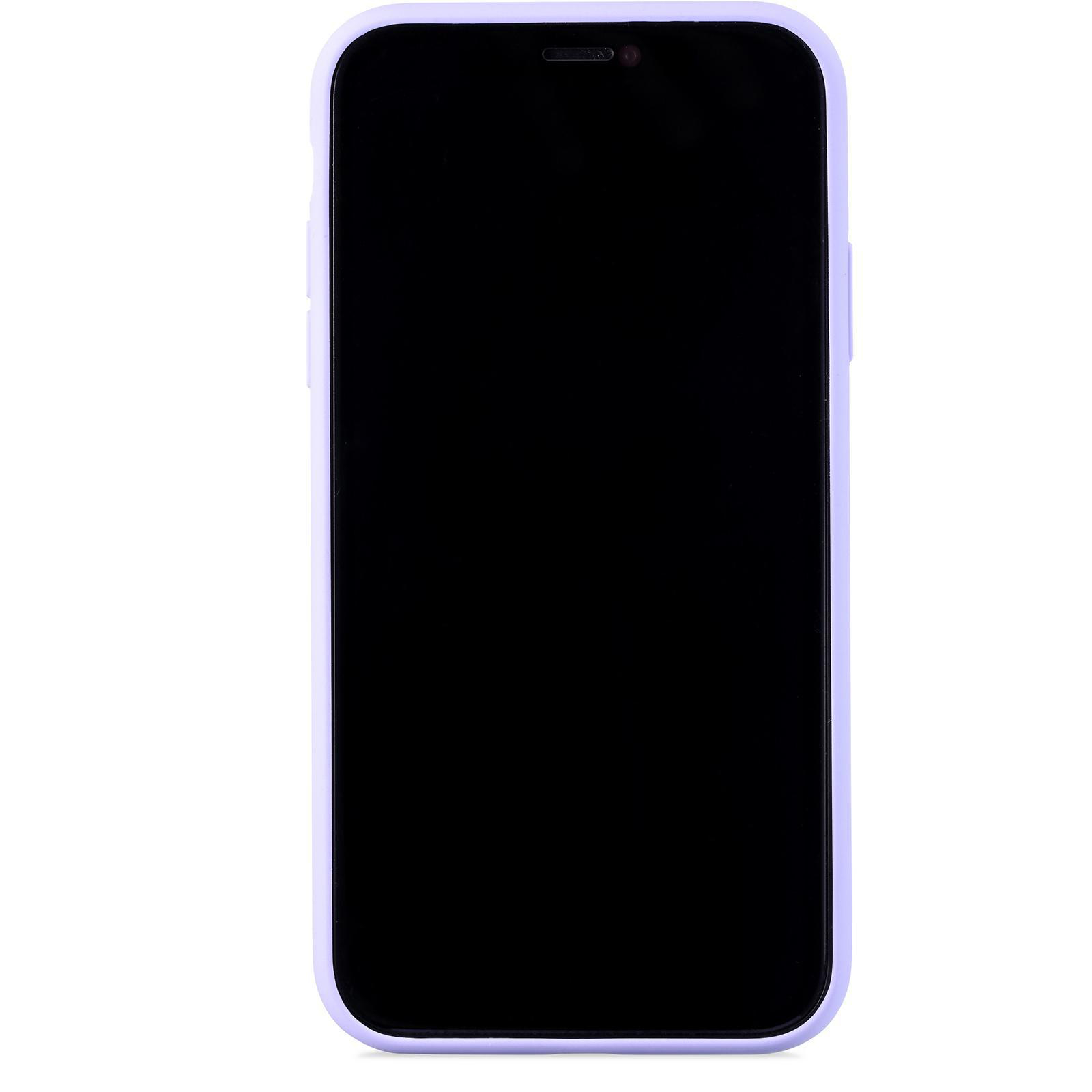 Ein Smartphone mit schwarzem Bildschirm in einer lila Schutzhülle auf weißem Hintergrund.