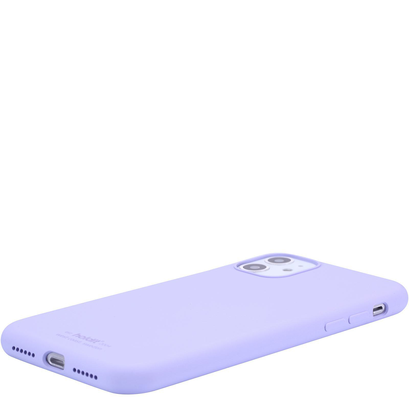 Lila iPhone-Hülle auf Weiß. Die Hülle hat ein glattes Finish und eine sichtbare Kamera.