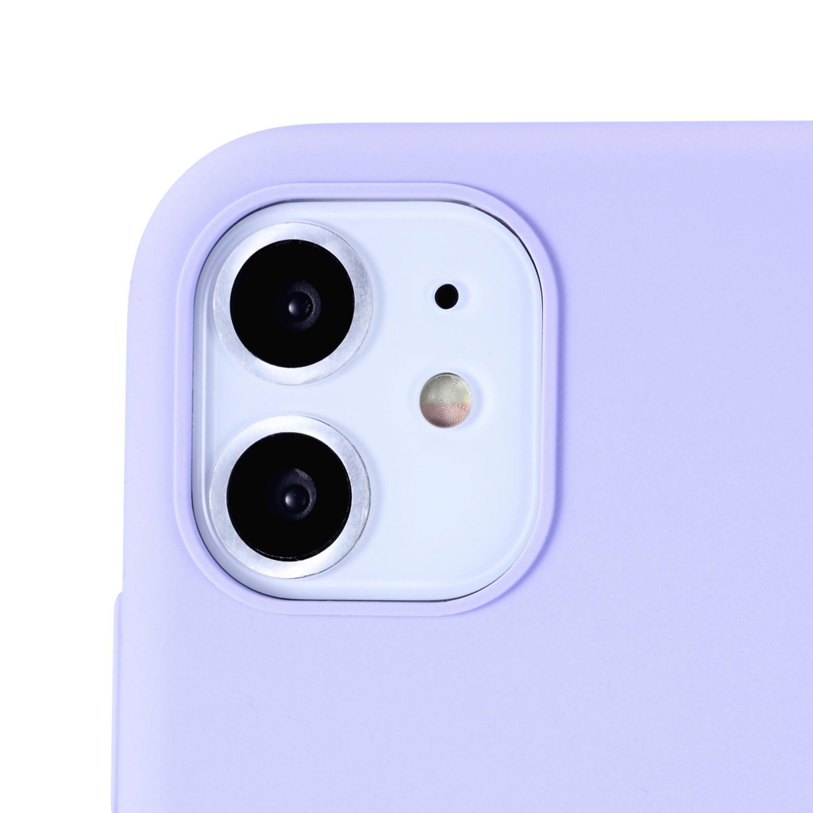 Nahaufnahme eines lila iPhone-Kameramoduls mit zwei Kameralinsen und einem Blitz.