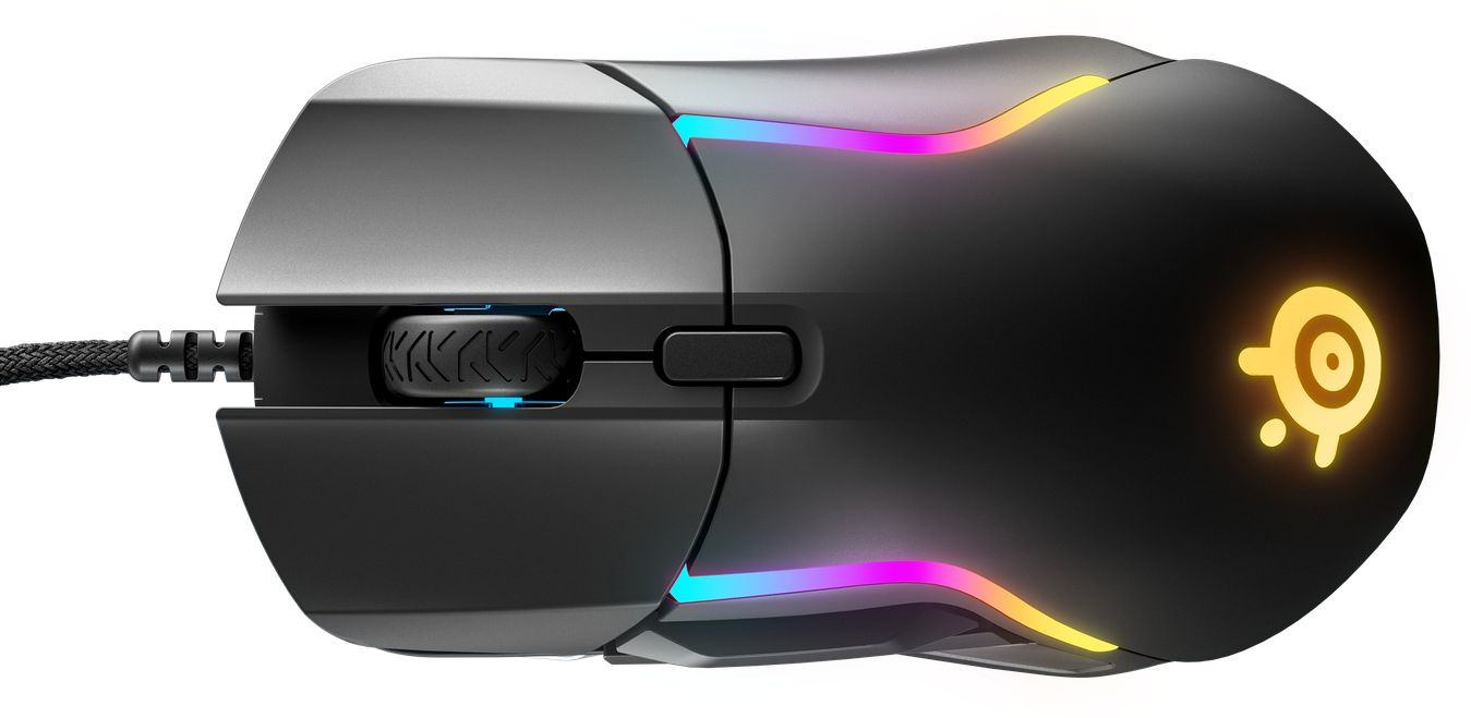 Fekete gamer egér oldalsó nézete. Ujjhelynélküli, RGB világítással.
