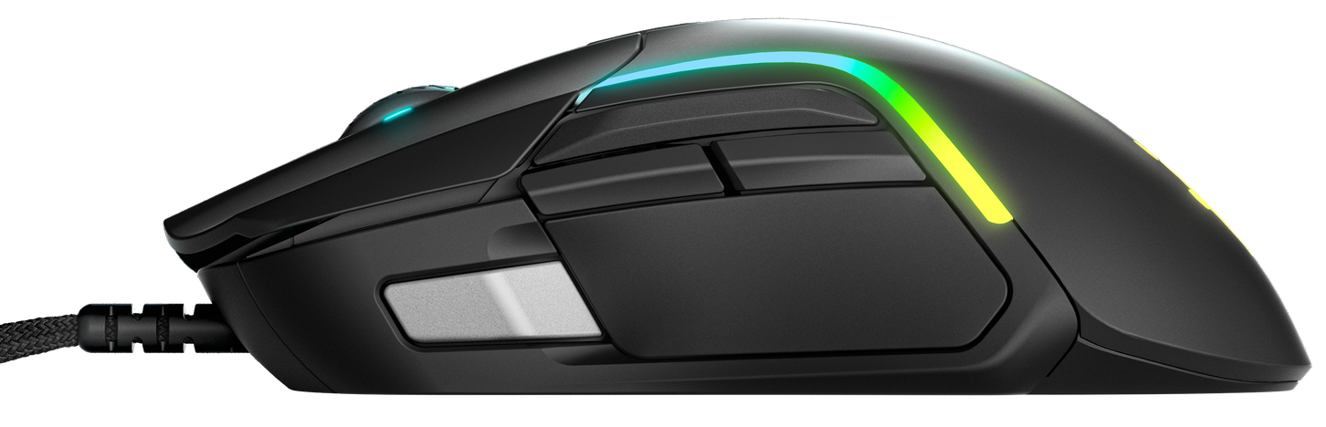 Fekete gamer egér RGB világítással az oldalán, szögletes nézet.