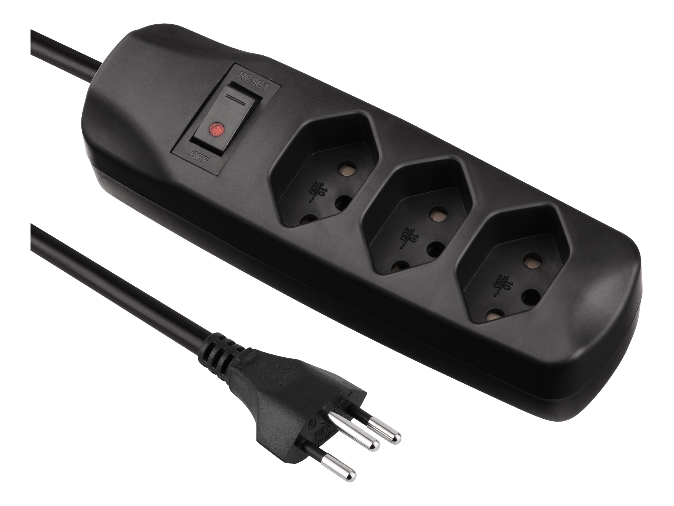 Eine schwarze Steckdosenleiste mit 3 Steckdosen, einem roten Schalter und schwarzem Kabel.