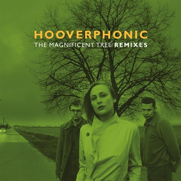 Hooverphonic albumhoes. Bandleden voor boom op groene achtergrond.