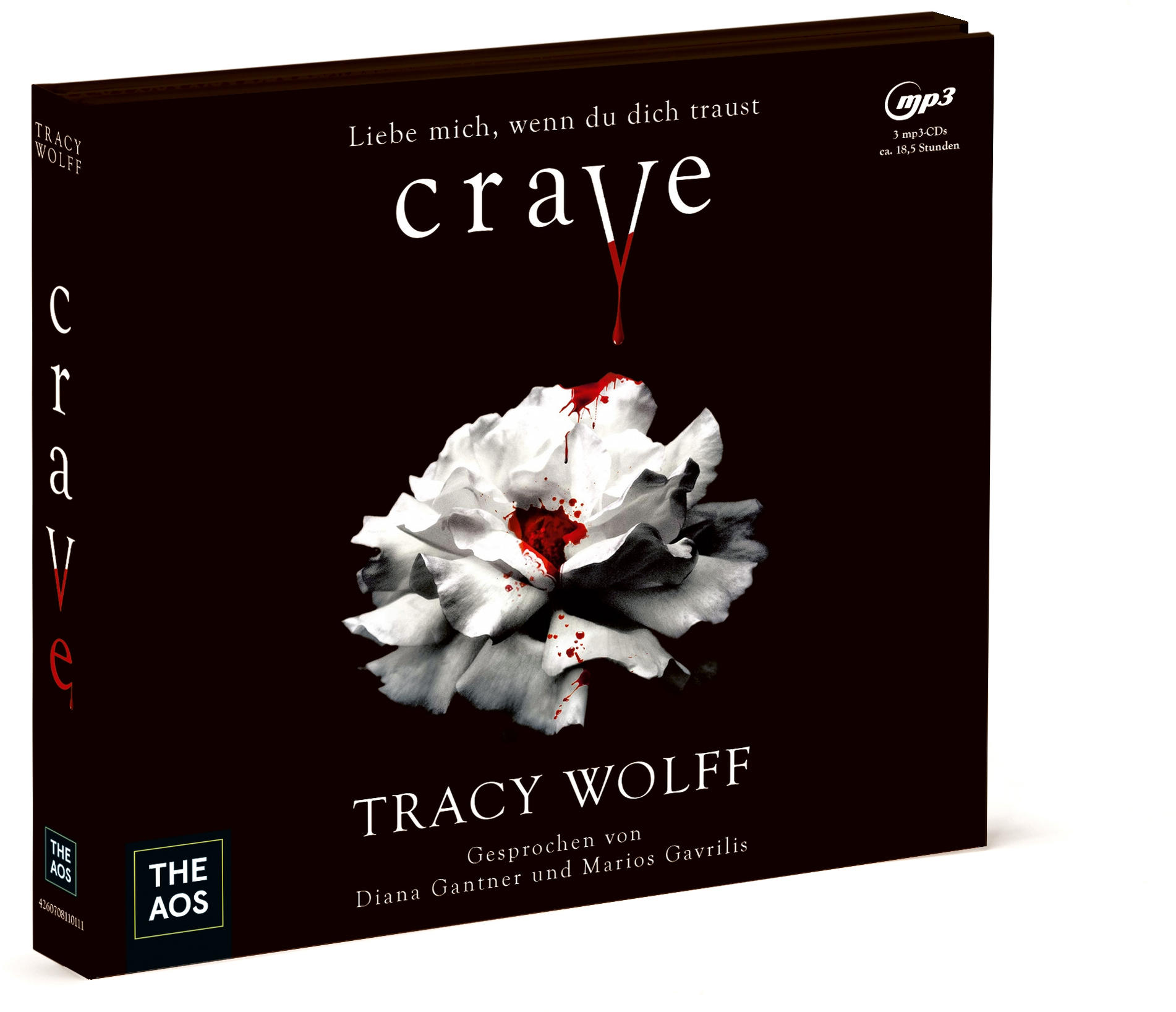 Buchcover mit dem Wort "crave" und einer weißen Blume mit Bluttropfen. Dunkelroter Hintergrund.