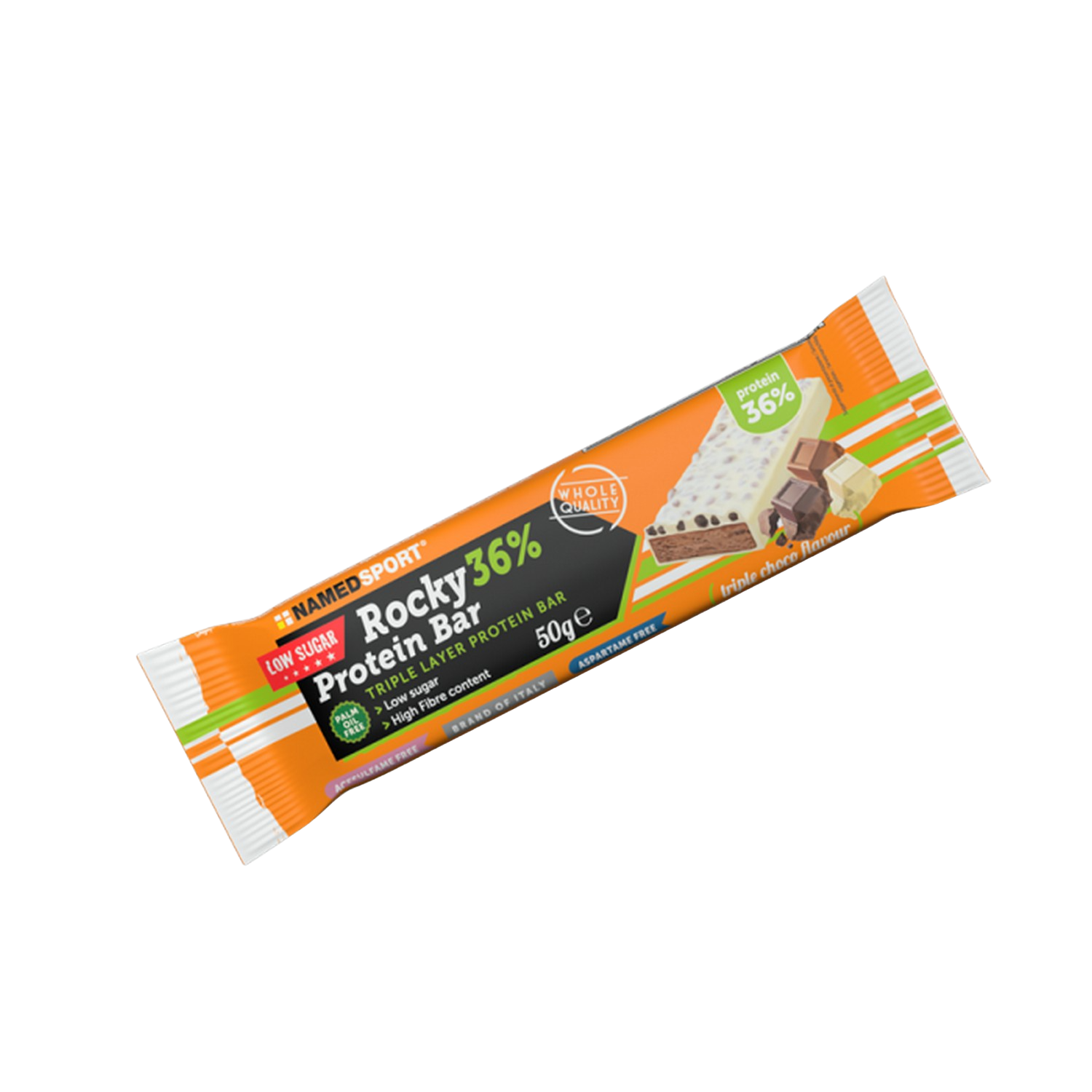 Barrita de proteínas - NamedSport Rocky 36%, 50g, Sabor triple chocolate