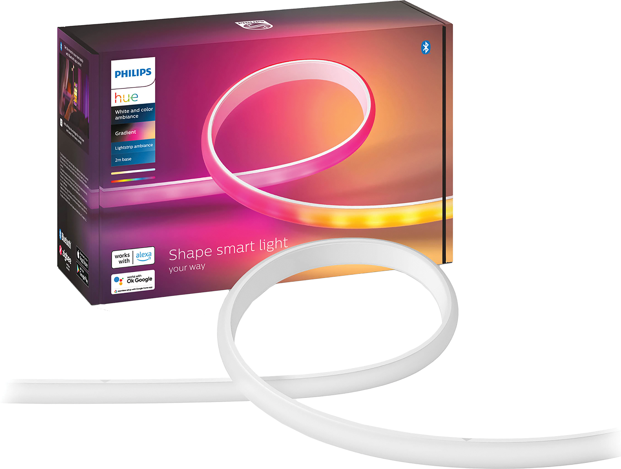 Doos met een Philips Hue slimme lichtstrip. De strip is wit, de doos heeft tekst.