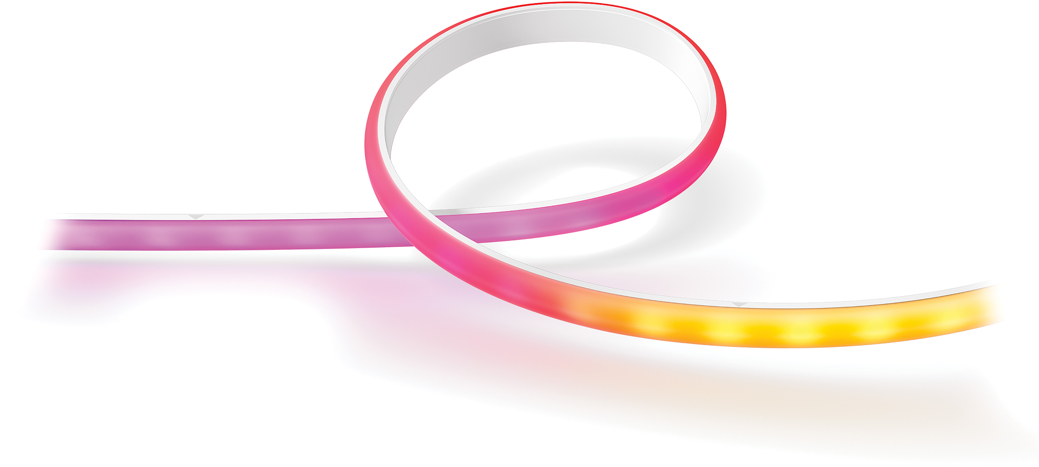 Ein flexibler LED-Streifen in gebogener Form, mit Farben von Pink bis Gelb.