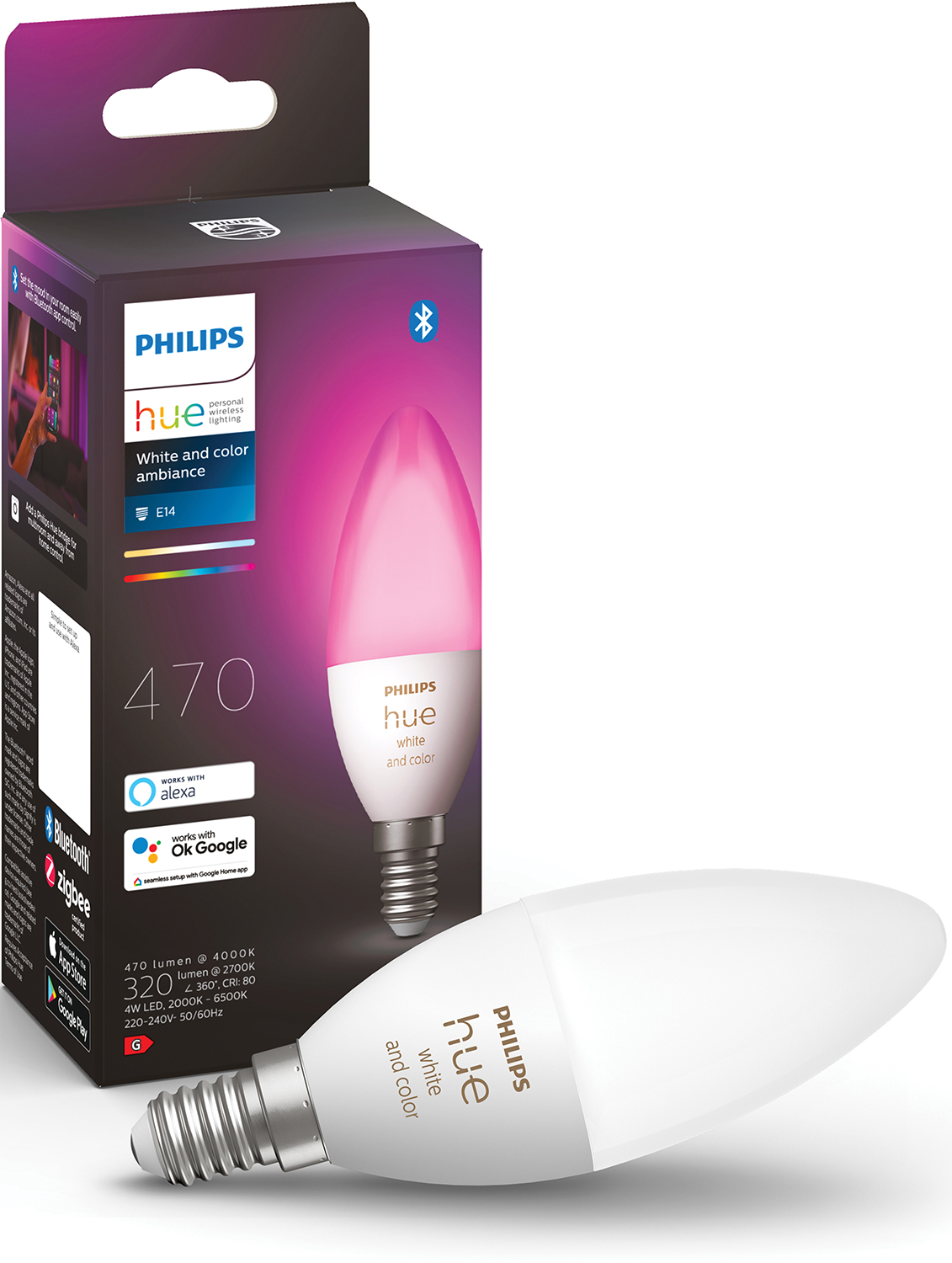 Philips Hue bulb and box. The bulb is pink, with a white top. The box shows the bulb in use.