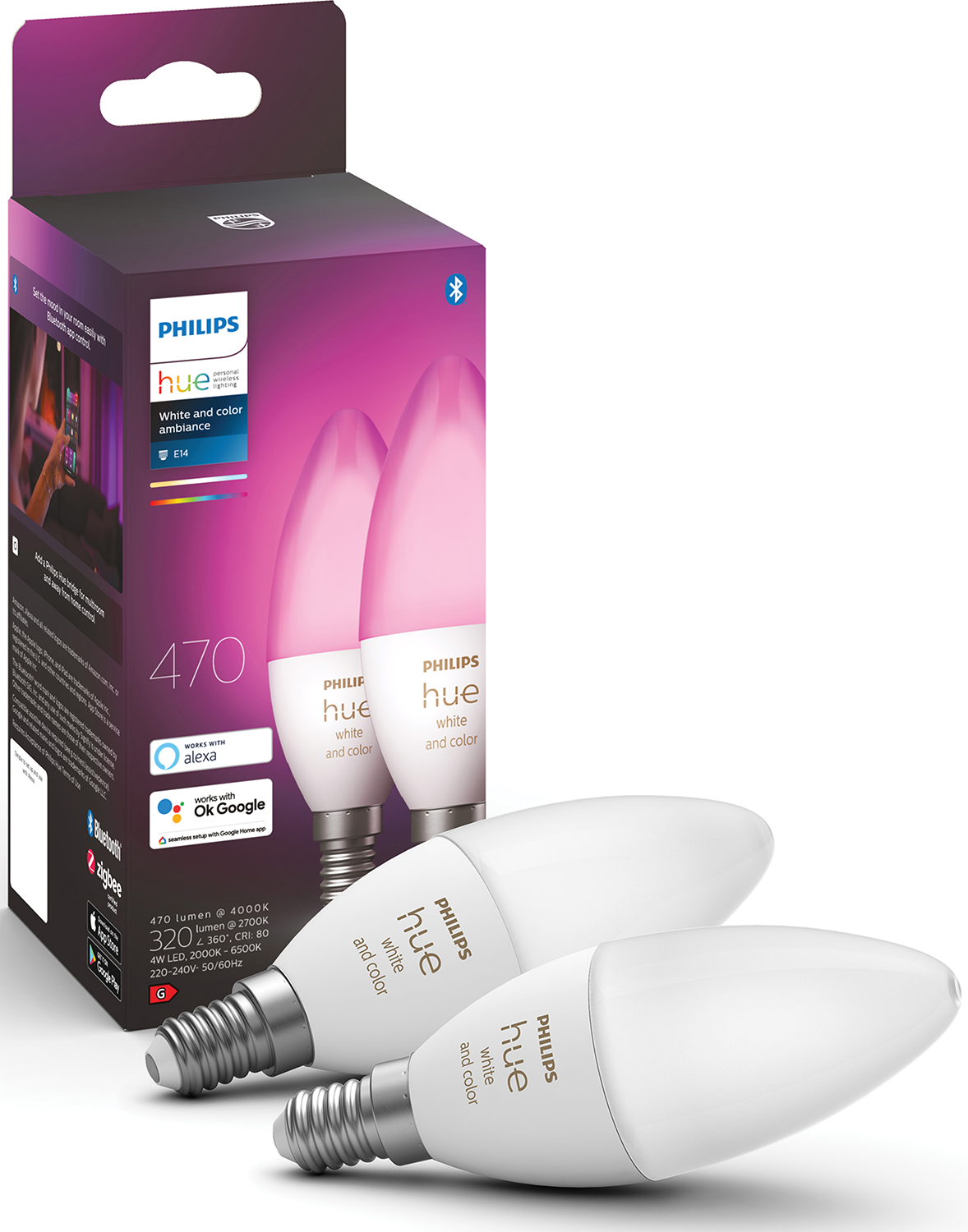 Doos met twee gloeilampen. De doos toont de merknaam en de kleur van de lampen.