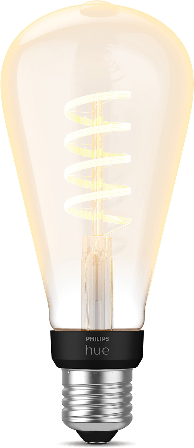 A bulb with a unique spiral filament, black base with the word 'HUE' on it.