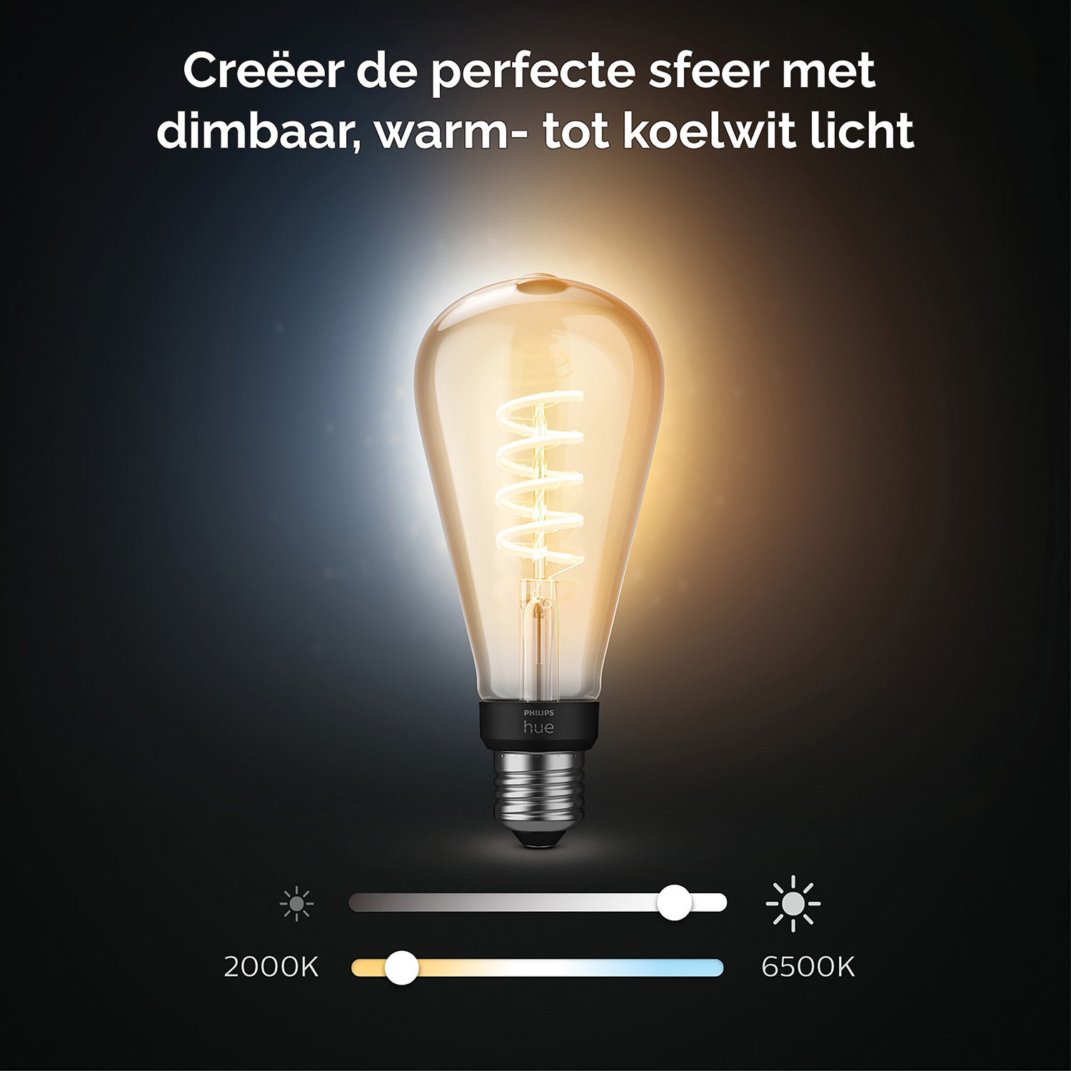 A lightbulb with a visible filament, with sliders to adjust light temperature.