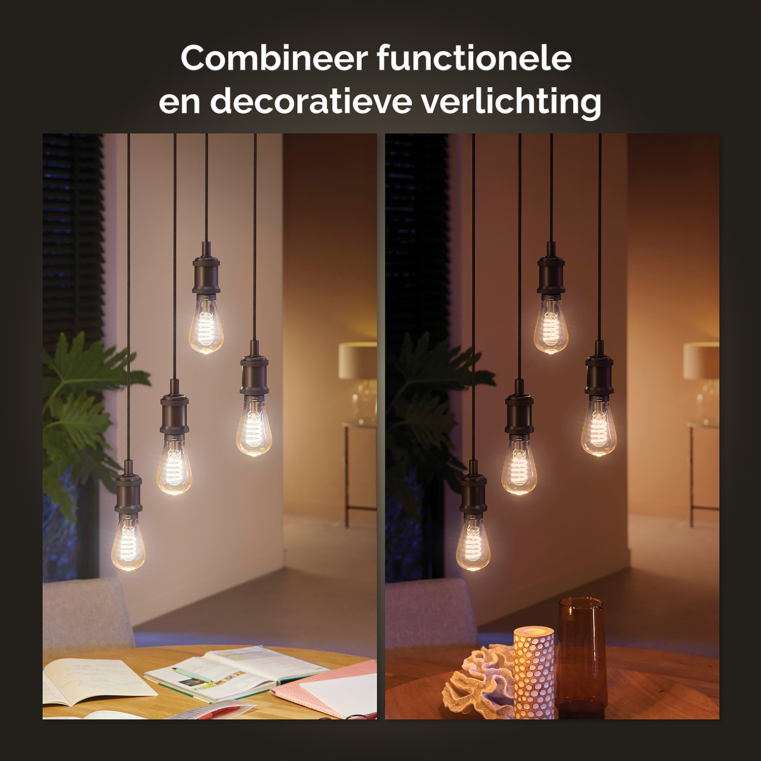 Two images of hanging lightbulbs creating decorative lighting. The bulbs have spiral filaments.