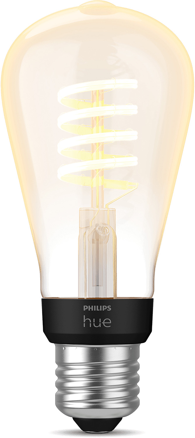 Een Philips Hue LED-lamp. Het heeft een spiraalvormige gloeidraad, een zwarte basis met het 'Philips Hue'-logo en een zilveren schroefbasis.
