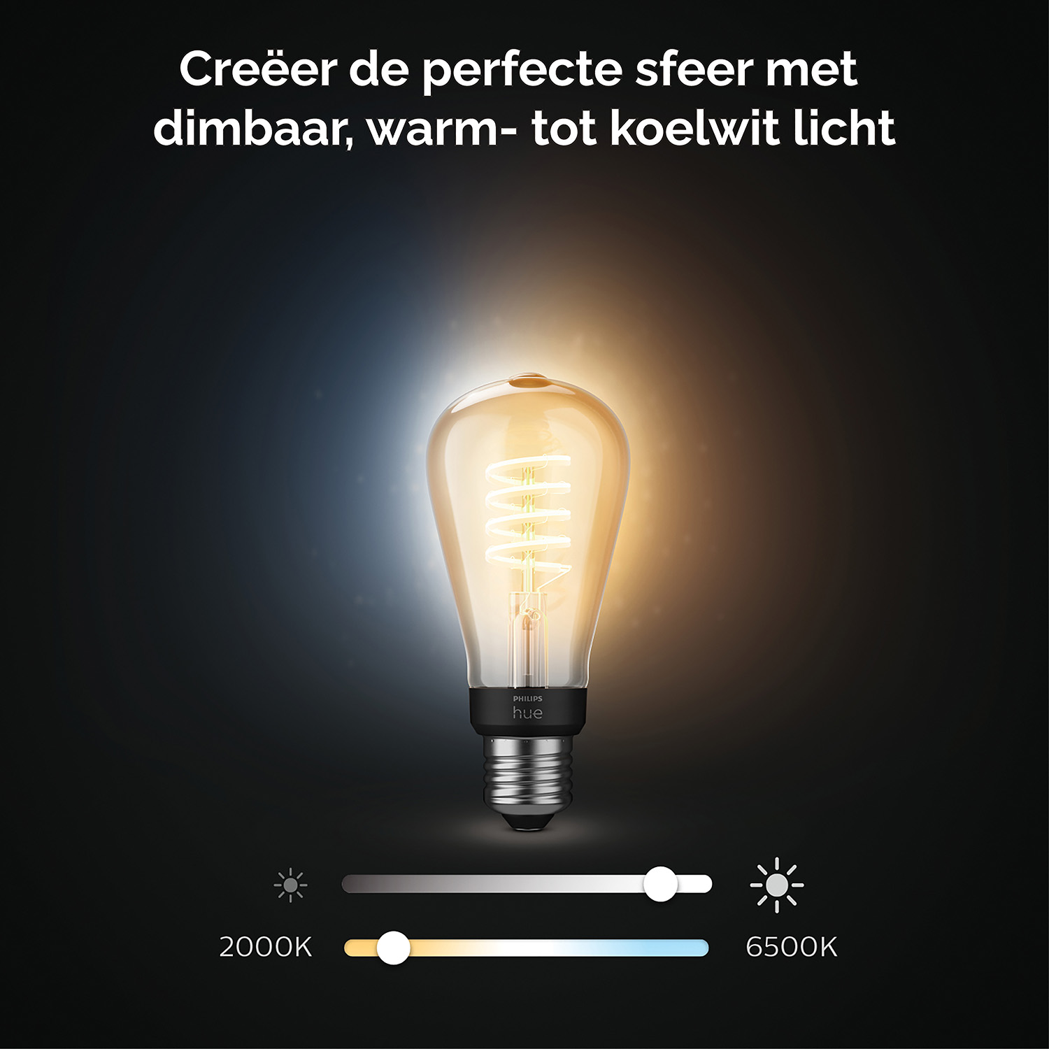 Een brandende gloeilamp met instelbaar kleurenspectrum, van warm tot koel wit, met een schuifregelaar voor helderheid.