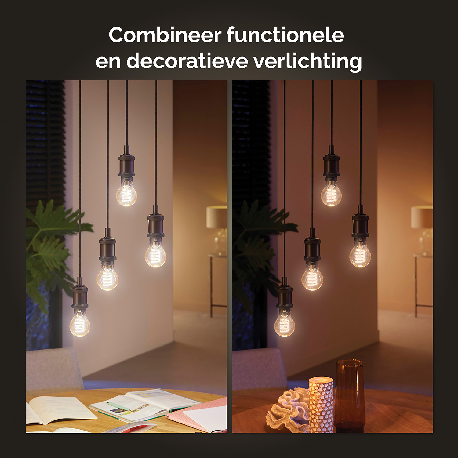 Afbeelding toont hanglampen met zichtbare gloeilampen. Tafels met boeken en decoratie op de voorgrond, warm interieur.