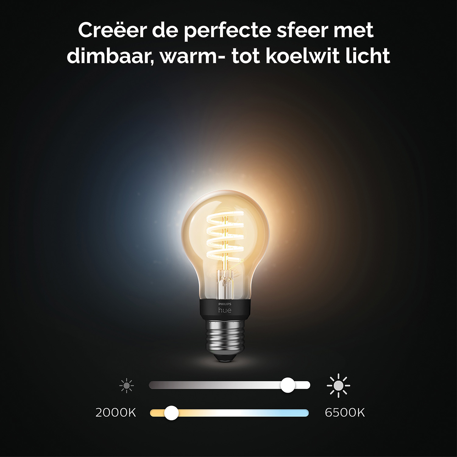 Een Philips slimme gloeilamp met instelbare kleurtemperatuur. De lamp brandt, met een schuifregelaar voor warm tot koel licht.