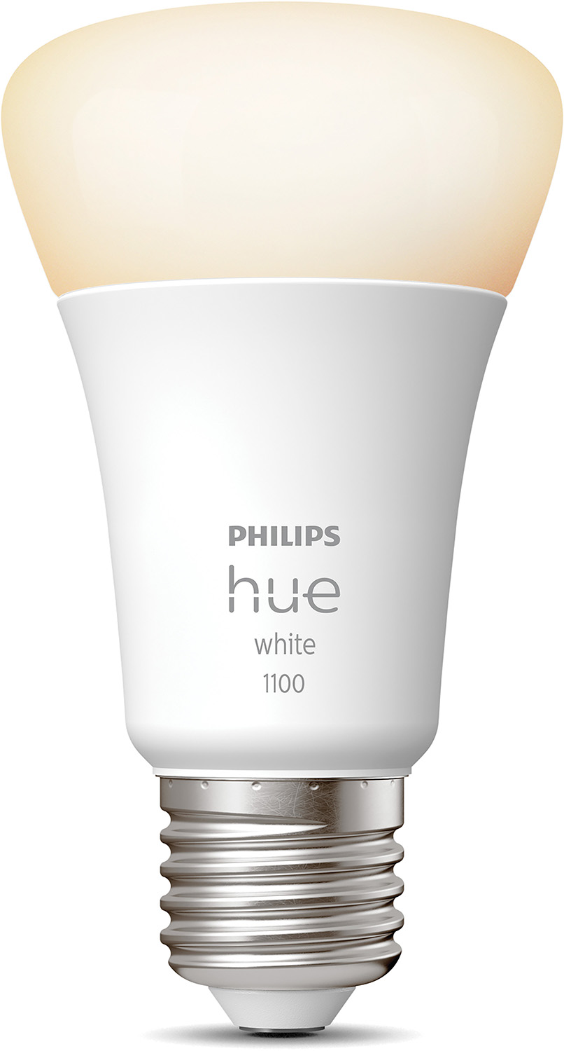 A white Philips Hue smart lightbulb. It has a silver base.