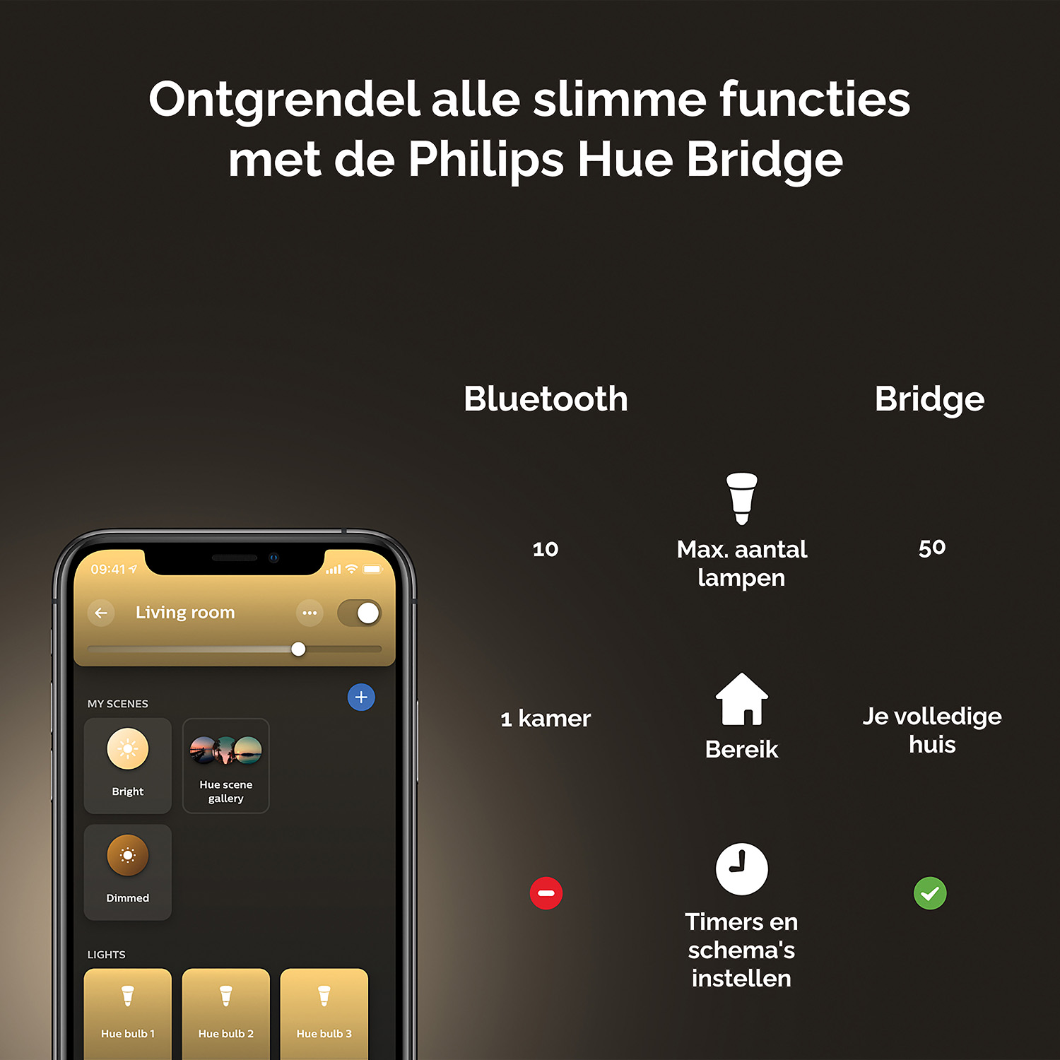 Infographic about smart home lights with a phone showing settings. Bluetooth and Bridge features.