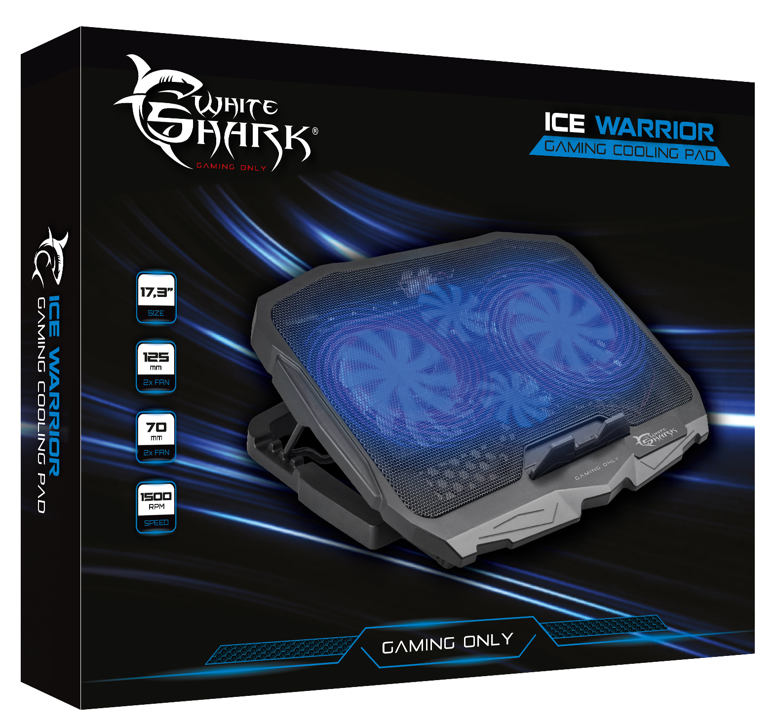 Játékhűtő pad ventilátorokkal, fekete-szürke tokban. Szöveg: Ice Warrior, Gaming Only és adatok.