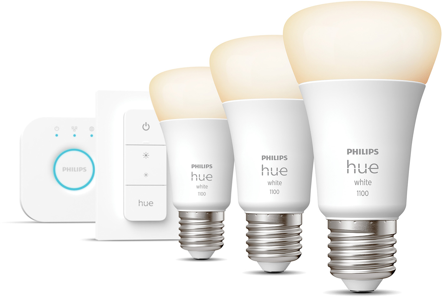 Philips Hue slim verlichtingssysteem met drie lampen en een bedieningspaneel.