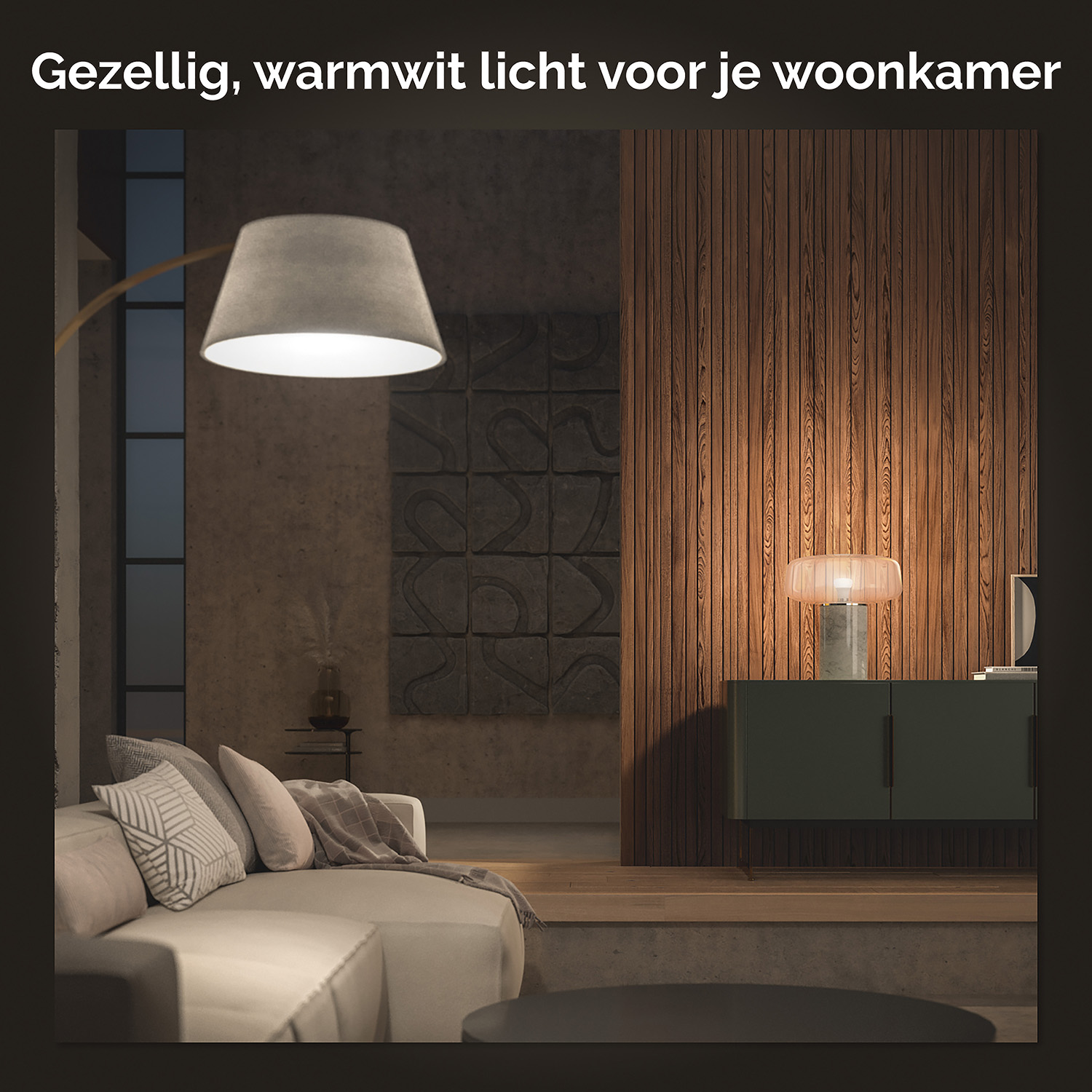Een kamer met een bank, lamp en bijzettafel. Houten muur en houten vloer. Warme lichten.