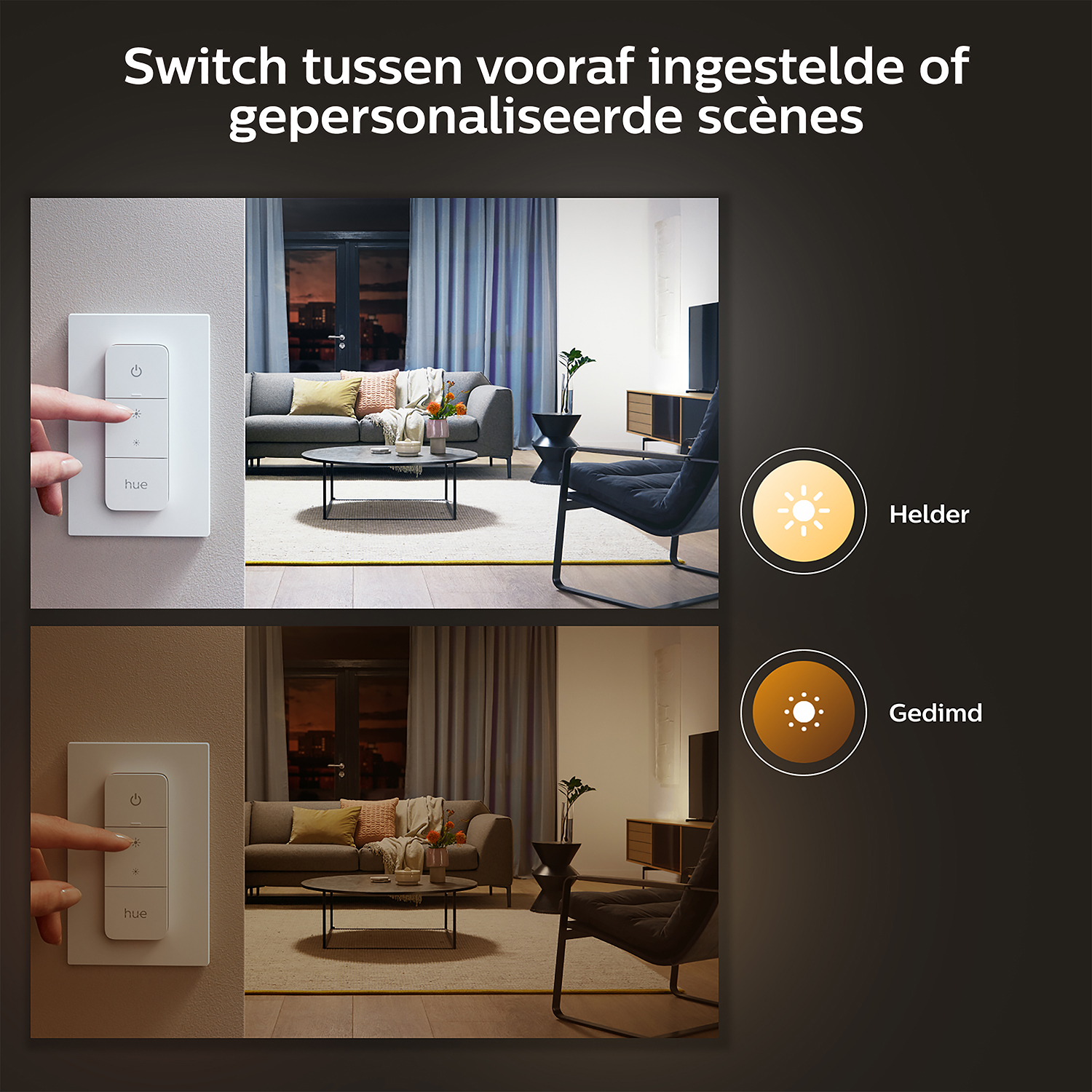 Een afbeelding met een slimme bedieningspaneel en het effect van verschillende lichtinstellingen.