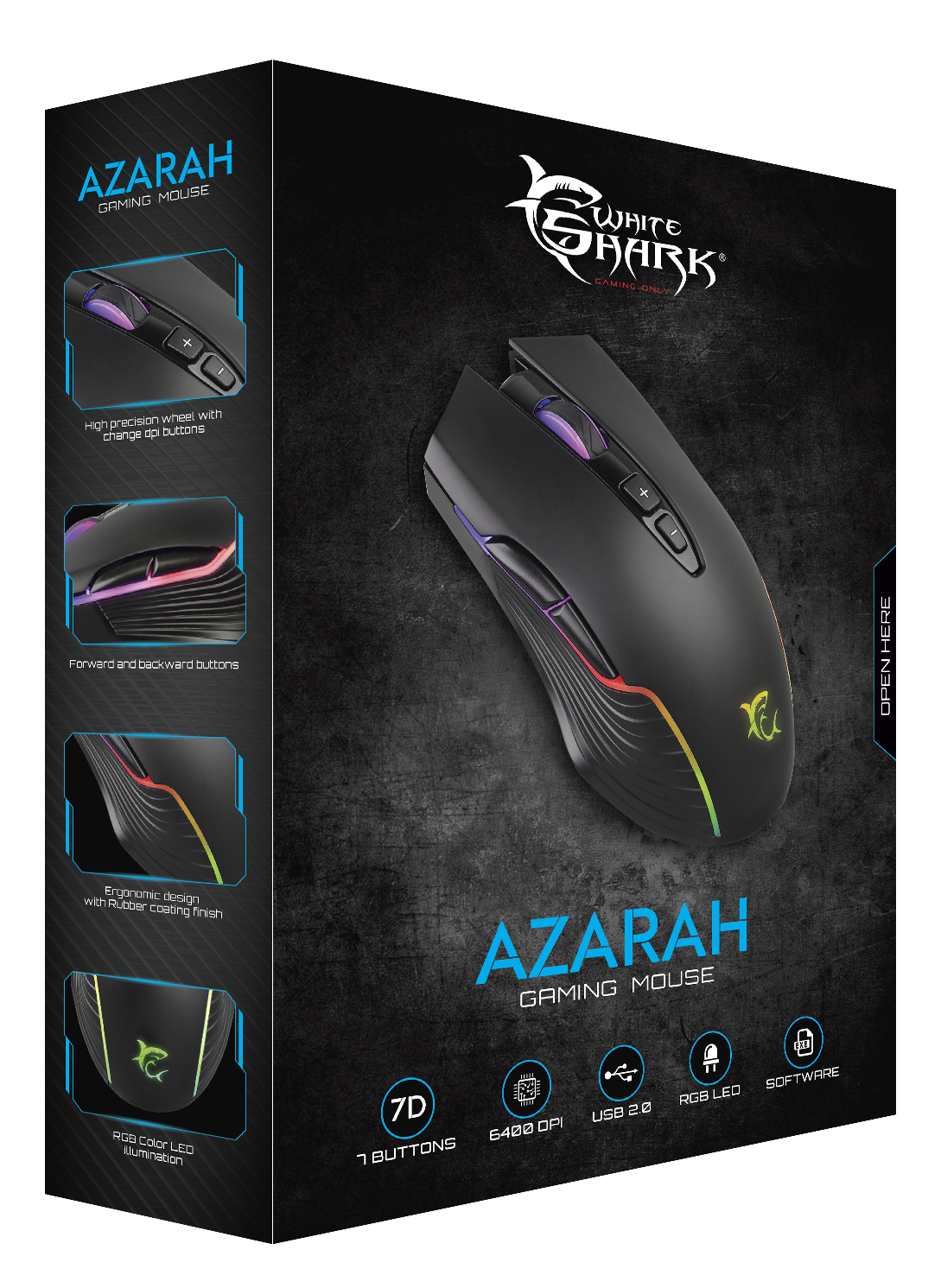 Fekete gamer egér dobozban, kiemelt funkciókkal. Az egér színes LED-es lámpákkal rendelkezik.