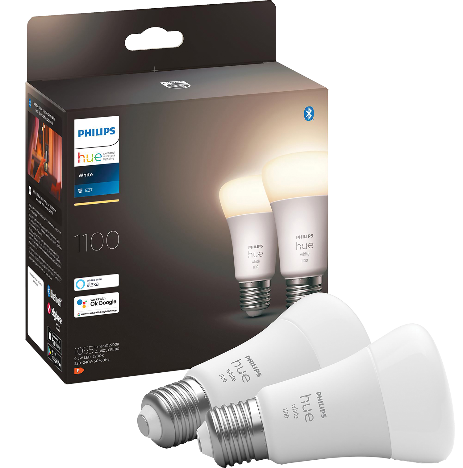 Twee Philips Hue witte slimme lampen in een verpakking.