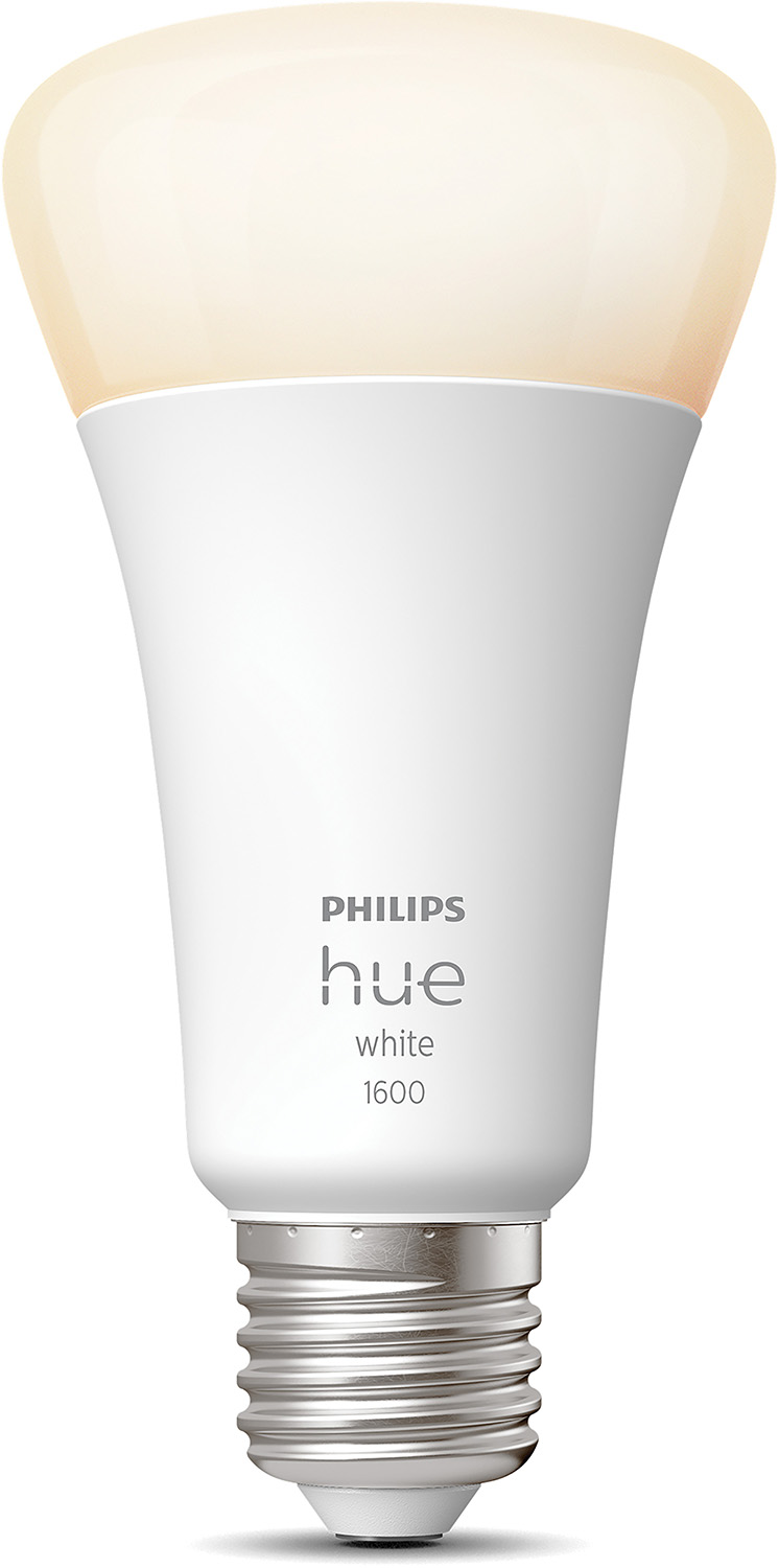 Philips Hue white smart light bulb. White bulb with a white base.