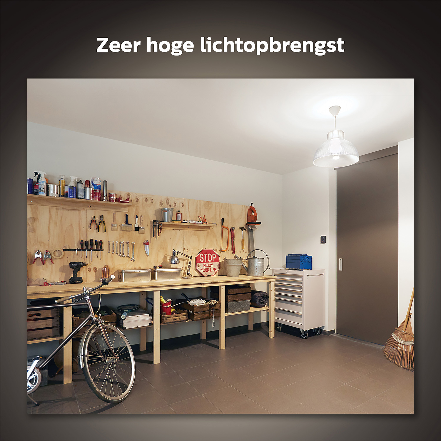 A garage interior with a workbench, tools, a bicycle, and a cabinet. The phrase 'Zeer hoge lichtopbrengst' is seen.