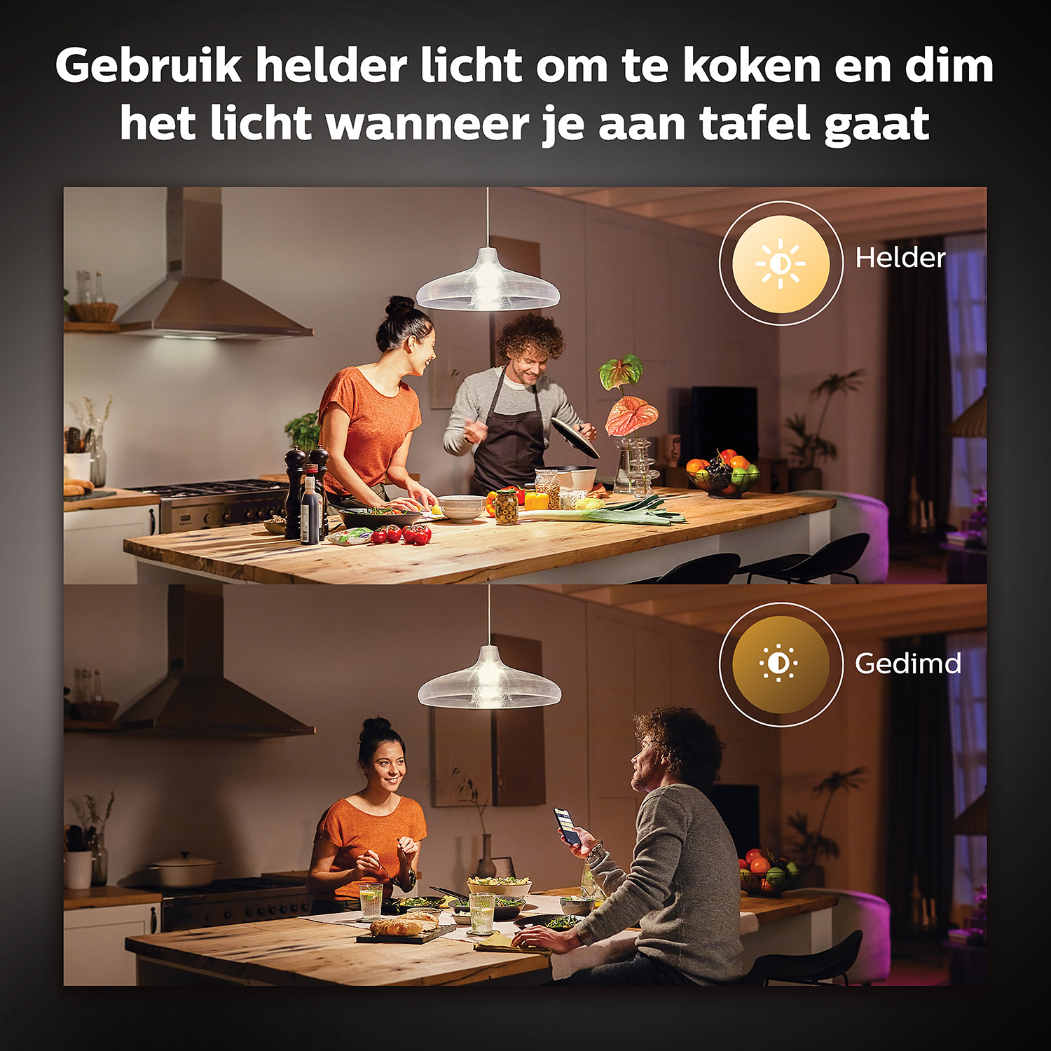 Two kitchen scenes: People cooking under bright lights and dining under dim lights.